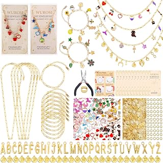 Wurosi 443pcs Gold Charm Bracelet Necklace Making Kit for Women - 202 Charms, Paperclip Chains, Pliers, Beginner Jewelry Crafts Supplies