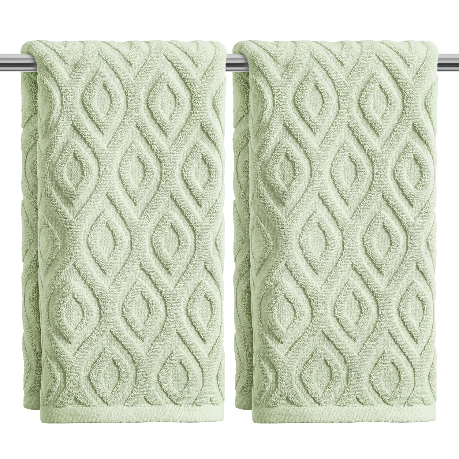 Artoid Mode Light Green 3D Diamond Grid Jacquard Hand Towels for Bathroom 35 x 75 cm, 100% Cotton Soft Absorbent Bathroom Decor Towels Set of 2