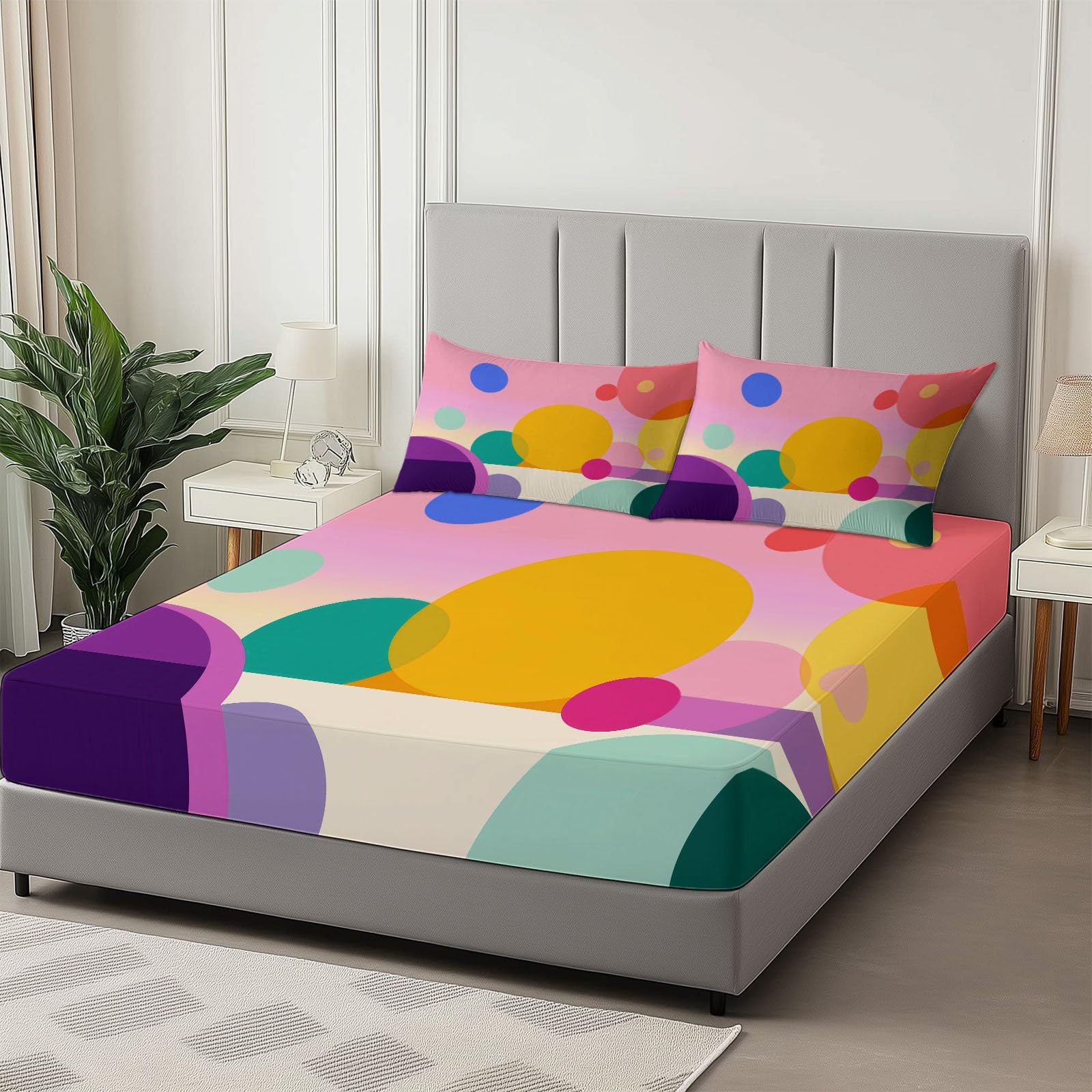 Minimalistyczny zestaw pościeli z nadrukiem geometrycznych okrągłych wzorów, 3 szt., miękka tkanina z mikrofibry - głęboka kieszeń 40 cm, ultramiękkie, oddychające prześcieradła dla nastolatków