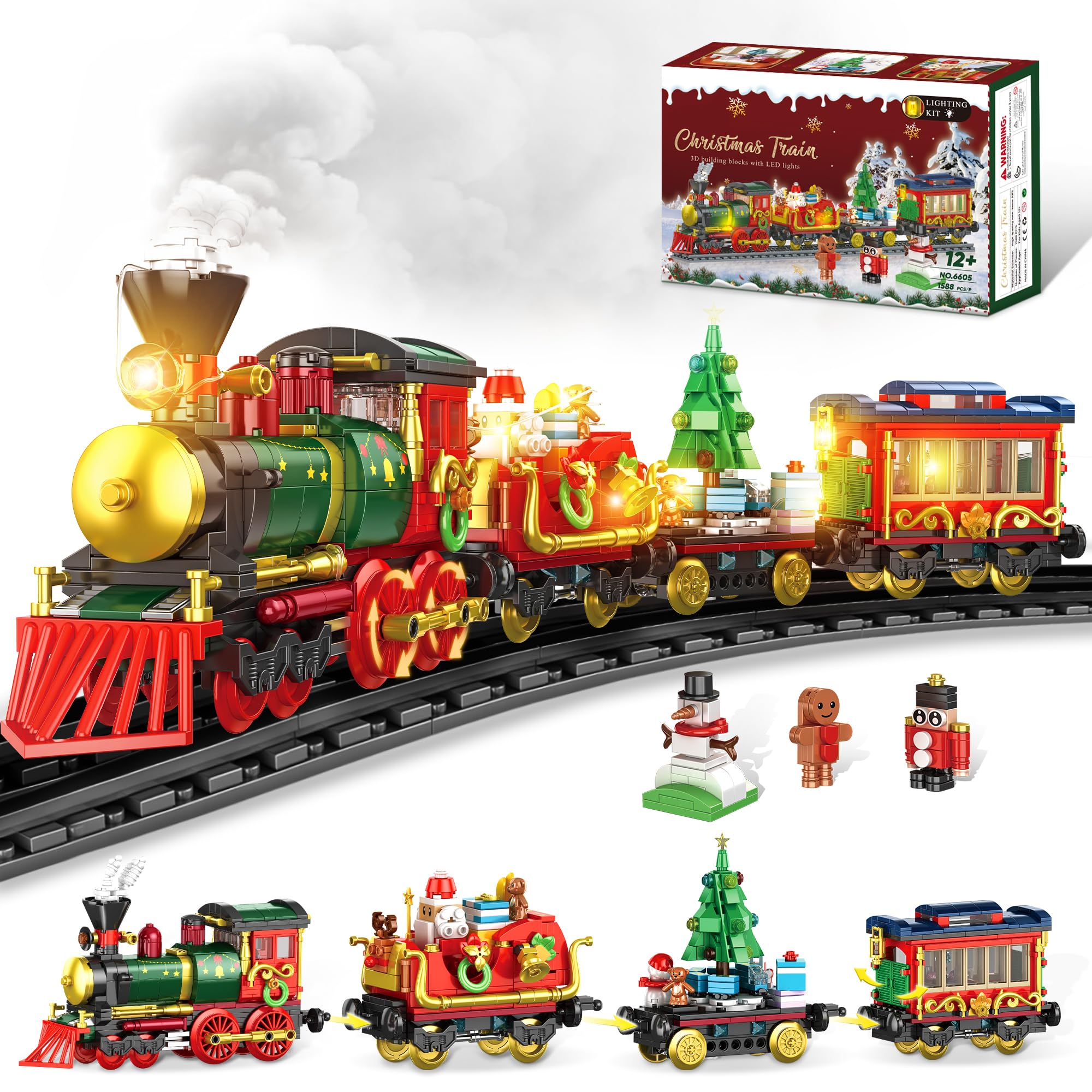 Christmas Train Building Blocks for Kids, Christmas Train 2024 Collectible Holiday Building Block Home Decor with Light, Tabletop for Boys, Girls and Adults, 1588Pcs