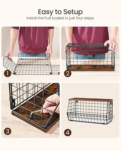 Miniatura 9 de Cesta de frutas de 2 niveles para cocina, cesta de alambre apilable con tapa de madera, cesta colgante con 4 ganchos para colgar plátanos, para
