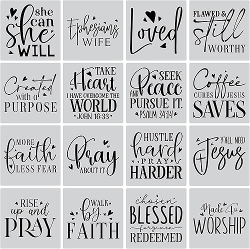 Juego de plantillas inspiradoras de palabras, 16 plantillas de fe cristiana con citas y versículos de la Biblia, ideal para pintar en madera,