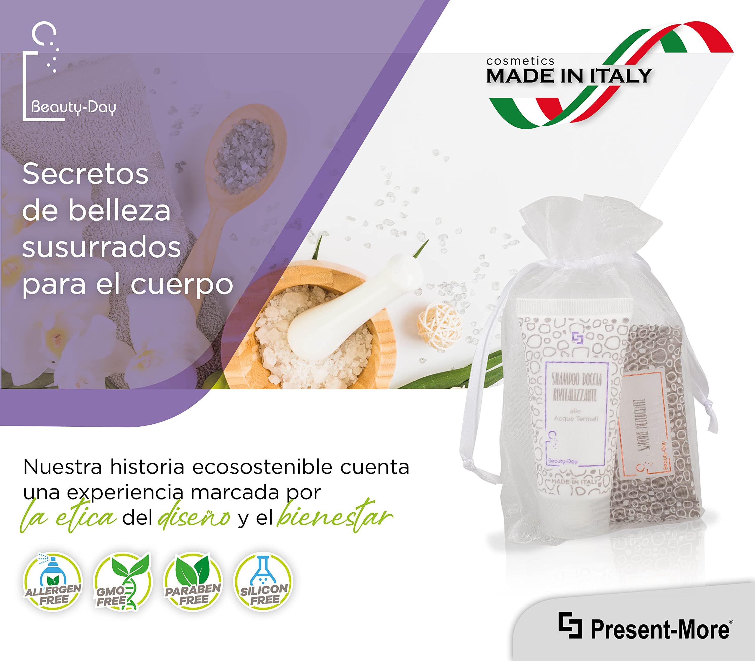 Present-More Amenities baño Beauty-Day Italy - Prestige Kit Línea de cortesía huéspedes de Hoteles y B&B | Amenities baño sin alérgenos con fragancia Ylang Ylang