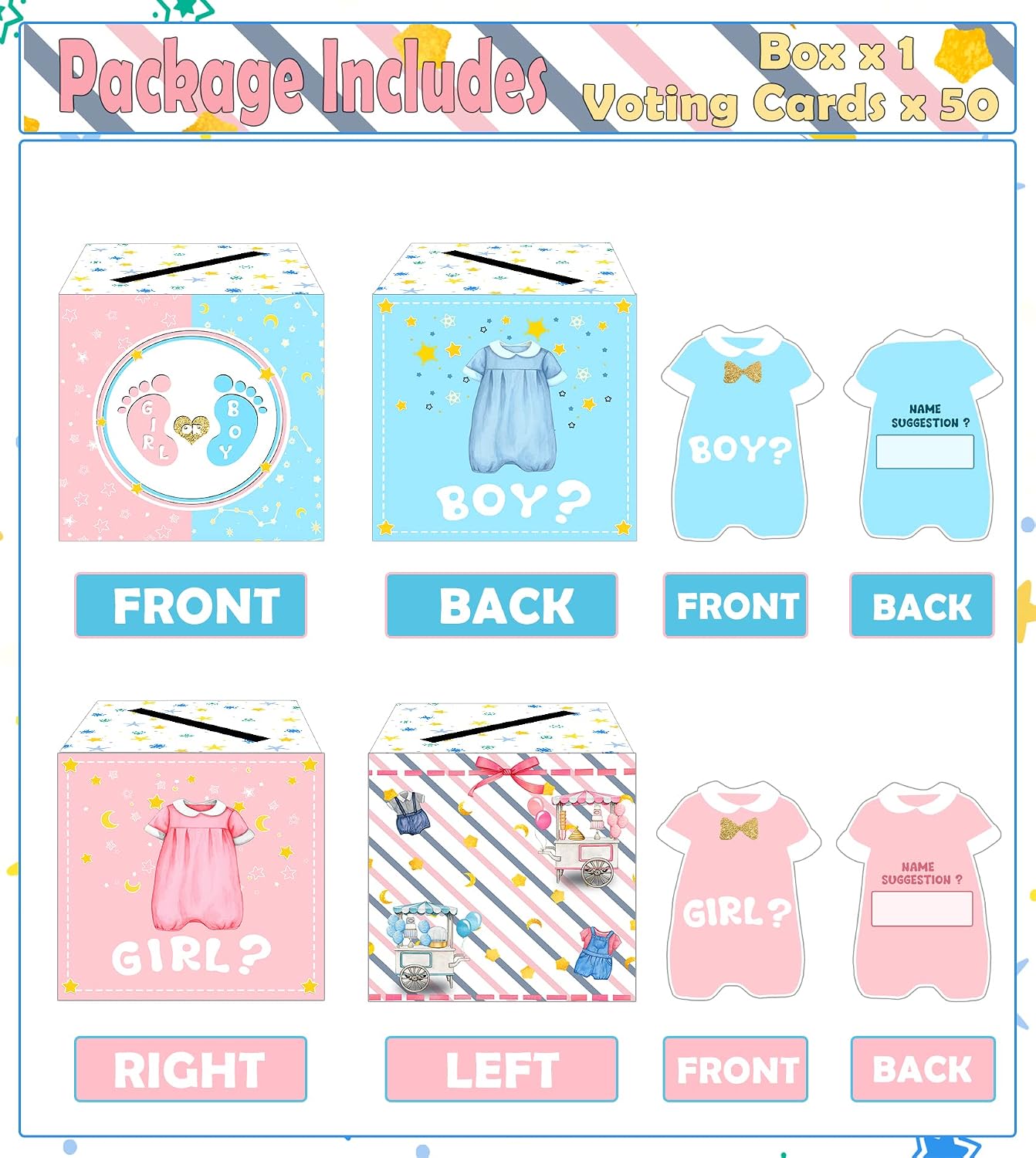 Baby Gender Reveal Voting Box with 50 Ballot Cards Gender Reveal Voting Game He Or She Gender Reveal Party Supplies image 2