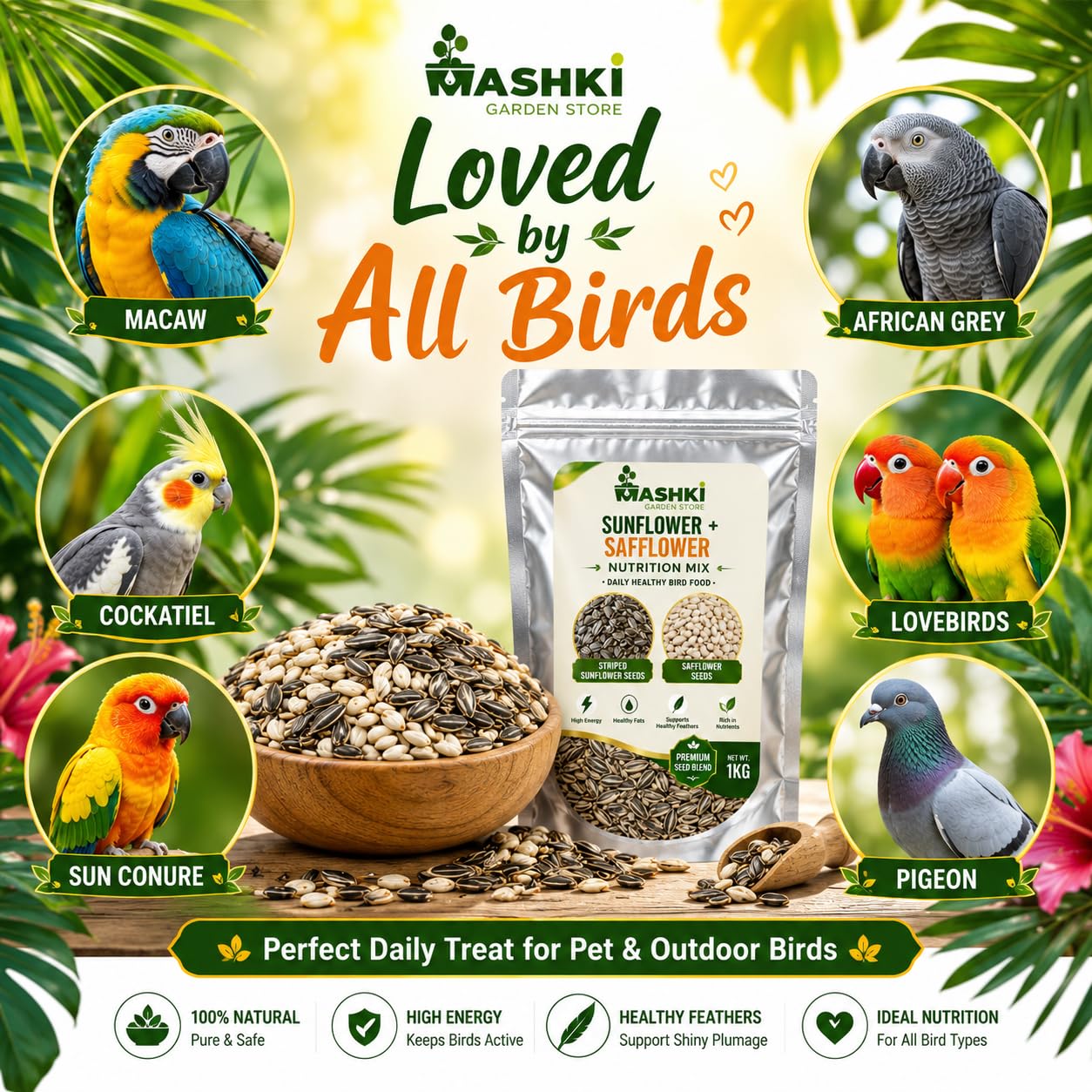 MASHKI Sunflower and Safflower Rich Nutrition Mix Seed Daily Bird Food Cleaned Organic Combo Kusum beej and Surajmukhi Dry - New Born, Young, Adult, Senior Bird Food 2