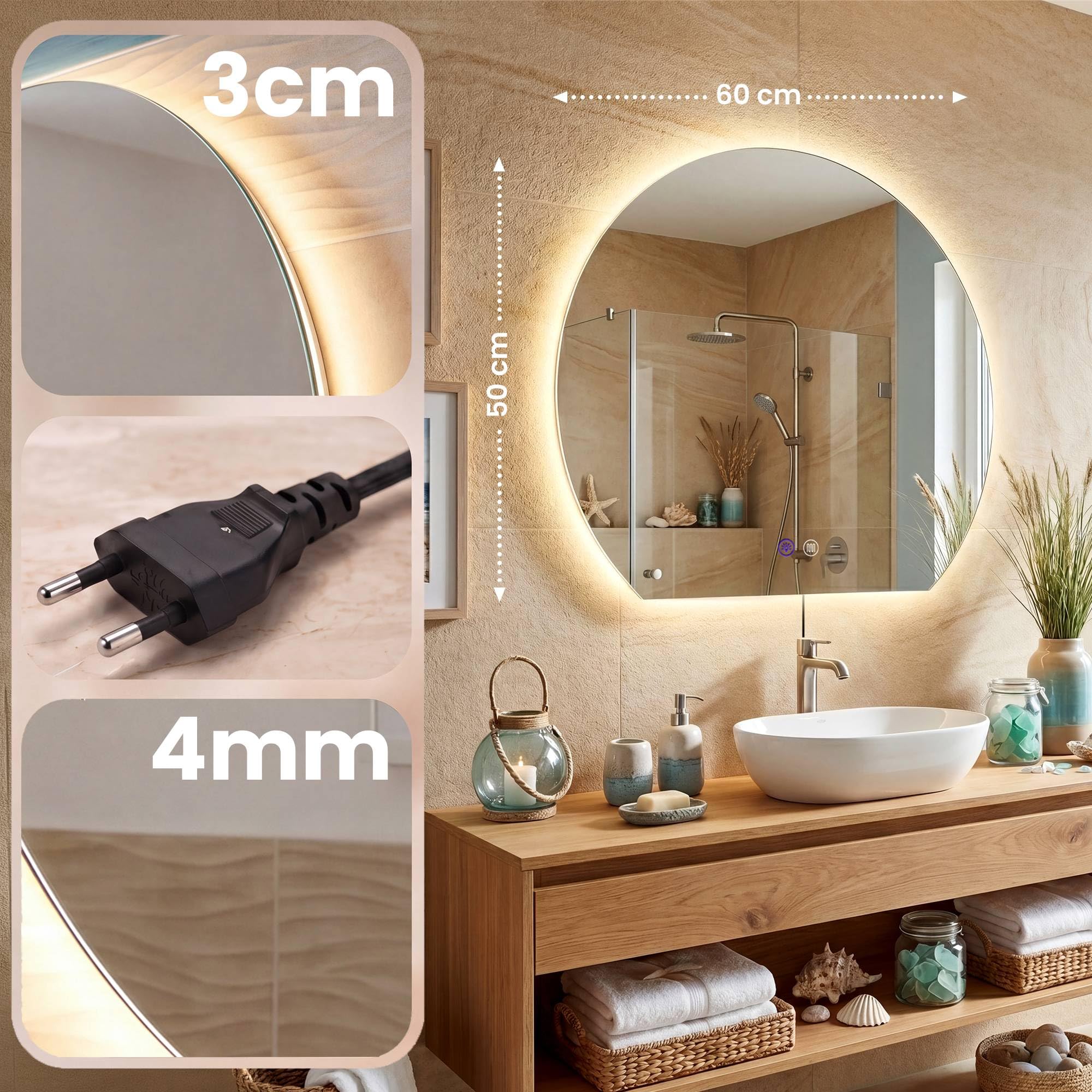 CLP Espejo de Bano LED semicircular, Espejo de Pared sin Marco con Sensor tactil, Regulable, 3 Tonos de luz, antivaho Baloni, Tamaño:Ø 60