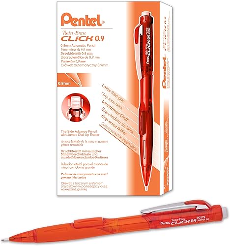 Lápiz automático Pentel Twist EraseClick con 2 borradores de repuesto y minas, 0.01 pulgadas, barriles surtidos, Anaranjado Paquete de 212 Lápiz automático Pentel Twist EraseClick con 2 borradores de repuesto y minas, 0.01 pulgadas, barriles surtidos, Anaranjado Paquete de 212