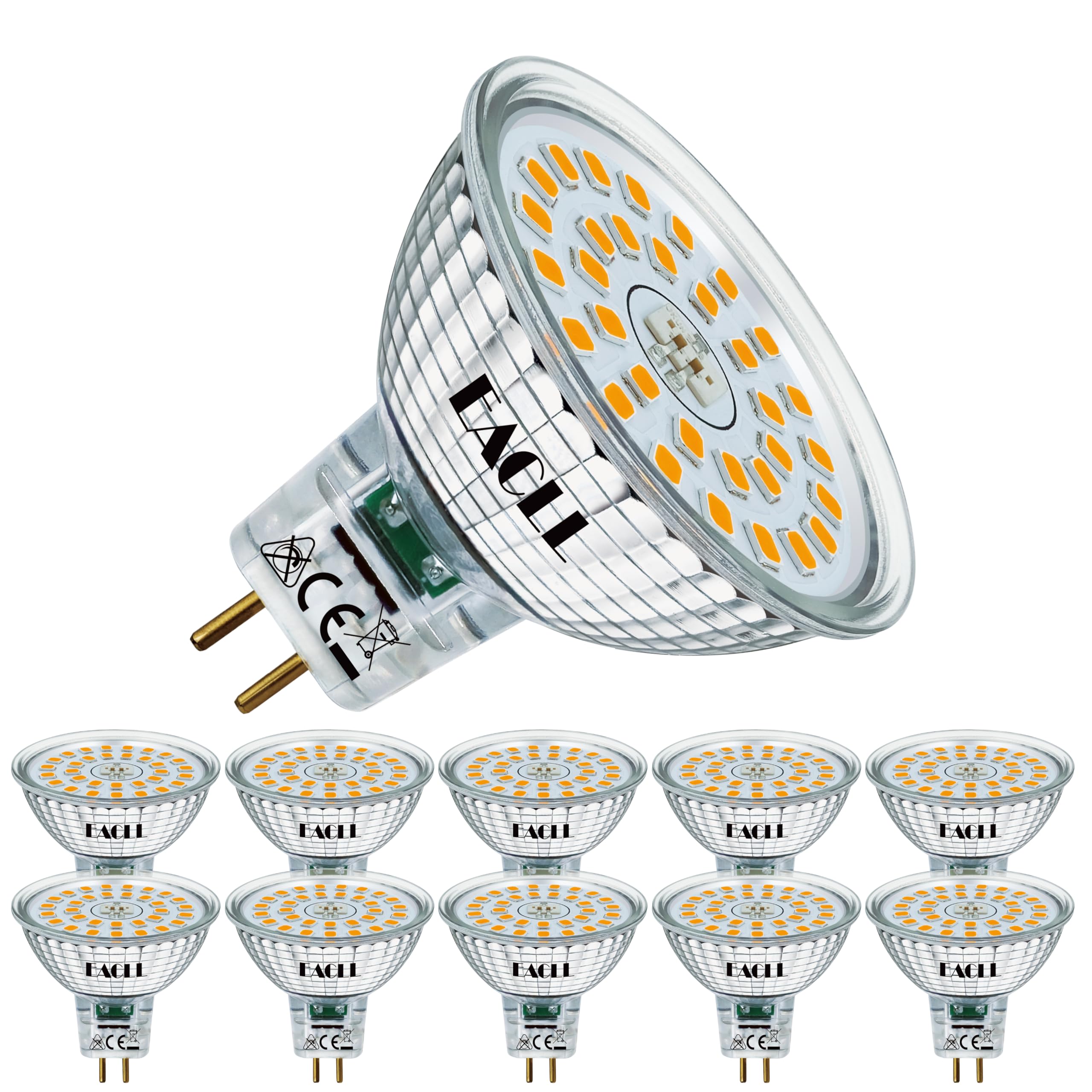 EACLL Pack of 10 GU5.3 LED Bulbs Warm White 6.5W MR16 Equivalent 50W Halogen, 2700K 585 Lumens Non-Dimmable, Flicker-Free Illumination, Wide Beam 120° Spotlight, AC/DC 12V Reflector Lamp — image 1