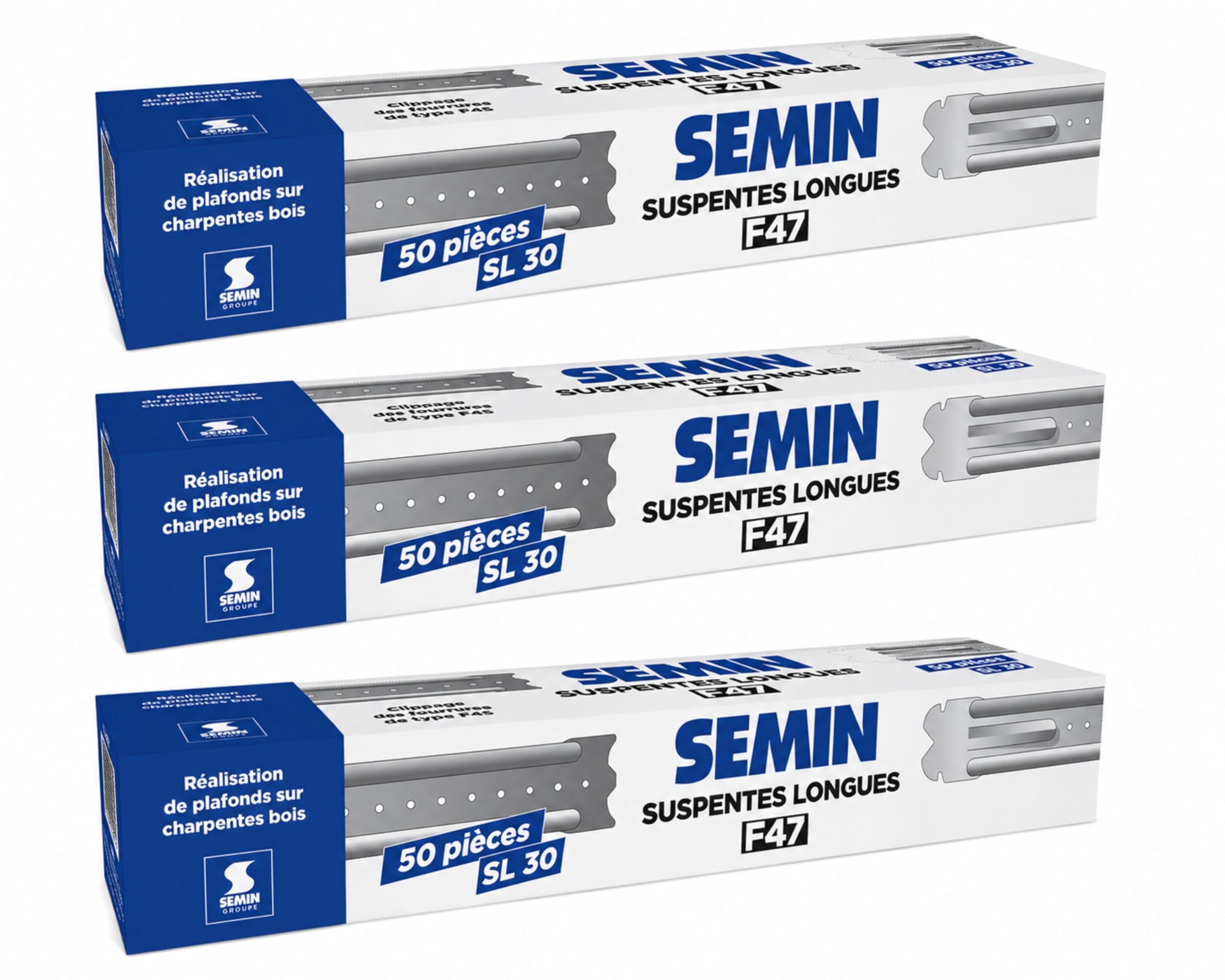SEMIN Suspentes Longues F47 300 mm –3 X Boîte de 50 – Acier Galvanisé – Fixation Faux Plafond Plaques de Plâtre – Ossature Métallique F45/F47 – Pose Rapide