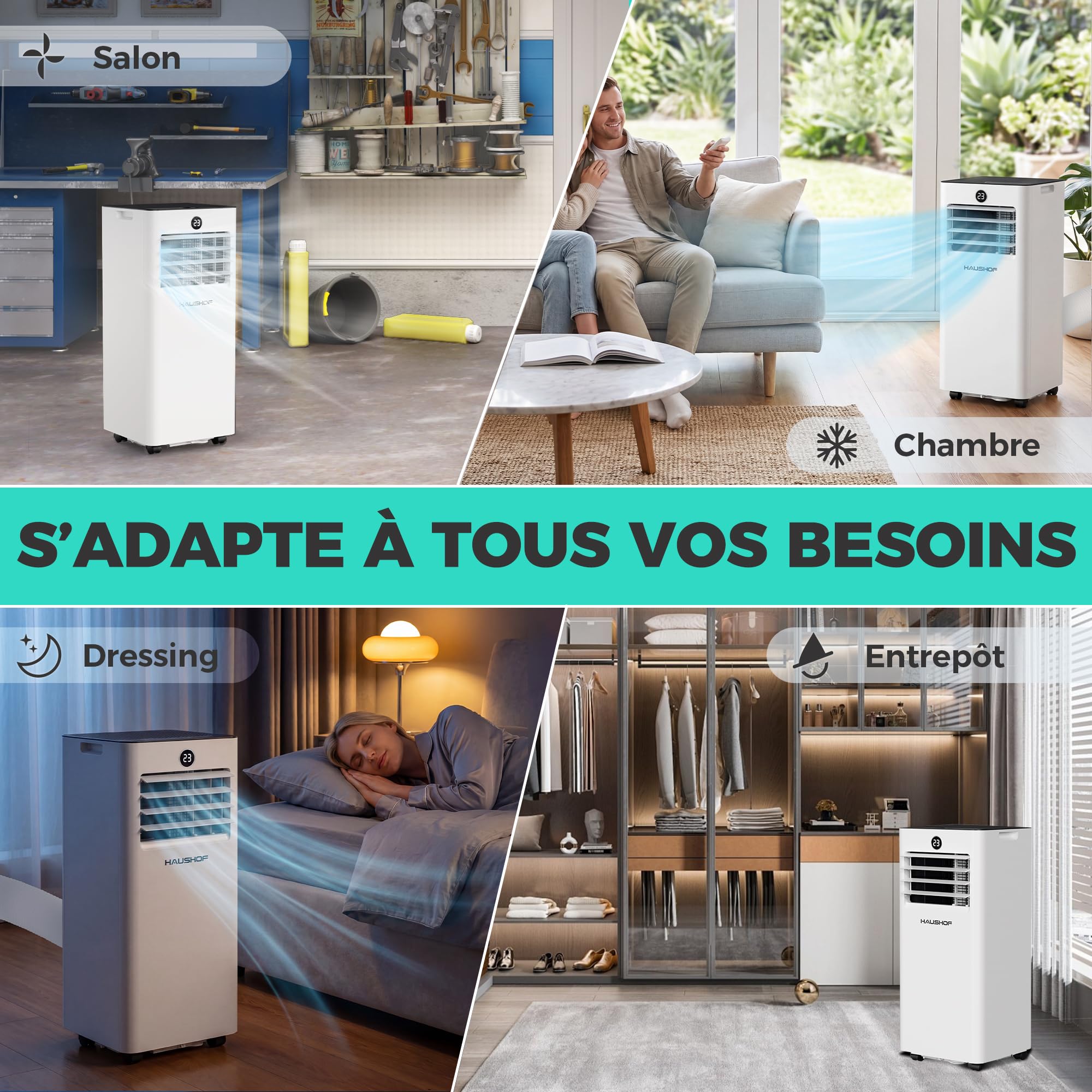 HAUSHOF Climatiseur Mobile 9000 BTU, 4-en-1 avec Tuyau d’Évacuation et Housse d’Isolation Thermique, 330 m³/h, Déshumidificateur 25 L/Jour, Mode Nuit, Télécommande, Kit Fenêtre, Jusqu’à 30 m²