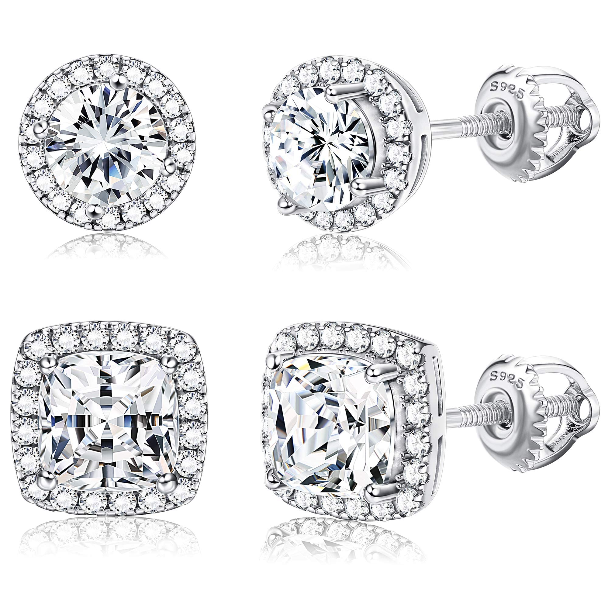 FIOROYAL 2 Pares 925 Pendientes Pendientes Mujer Plata Hipoalergenicos Chapados en Oro Blanco de 18 Quilates de Plata Brillantes Circonitas Cúbicas Cuadradas Redondas Para Hombres Mujeres