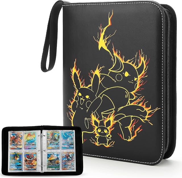 YINKE Case Binder Holder Compatible with Pokemon Card,Game Cards, PM TCG Card, Holds Up to 400 Cards with 50 Premium 4-Pocket Page, Hard Organizer Carry Cover (Three Pikachus - Yellow)