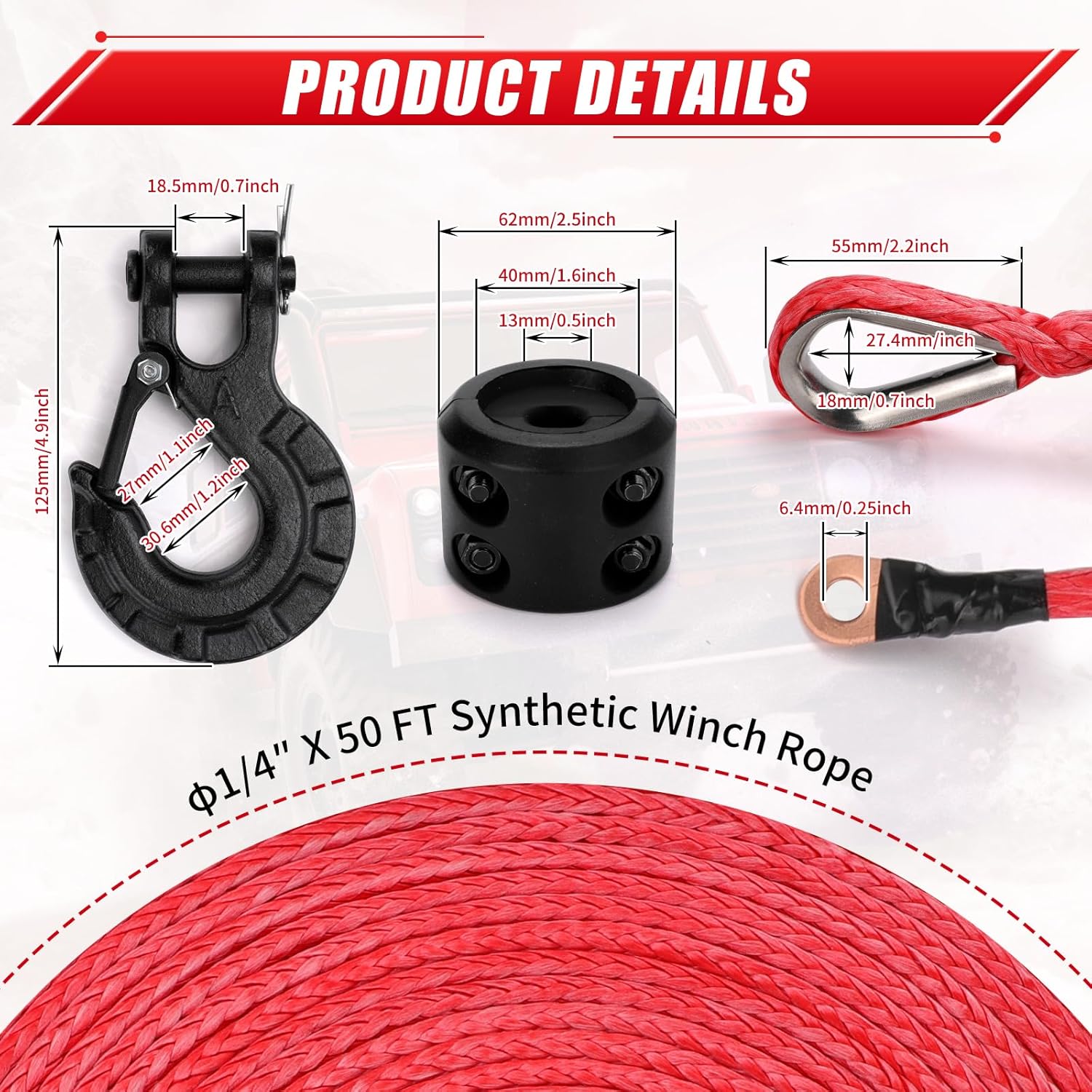 Off-Road Winch Rope Kit - 1/4''x50', 10000 Lbs Black Synthetic Cable with Protective Sheath, Heavy-Duty Hook, Safety Pull Strap & Rubber Stopper Ideal for 4WD ATV UTV Vehicle ﻿ (red)