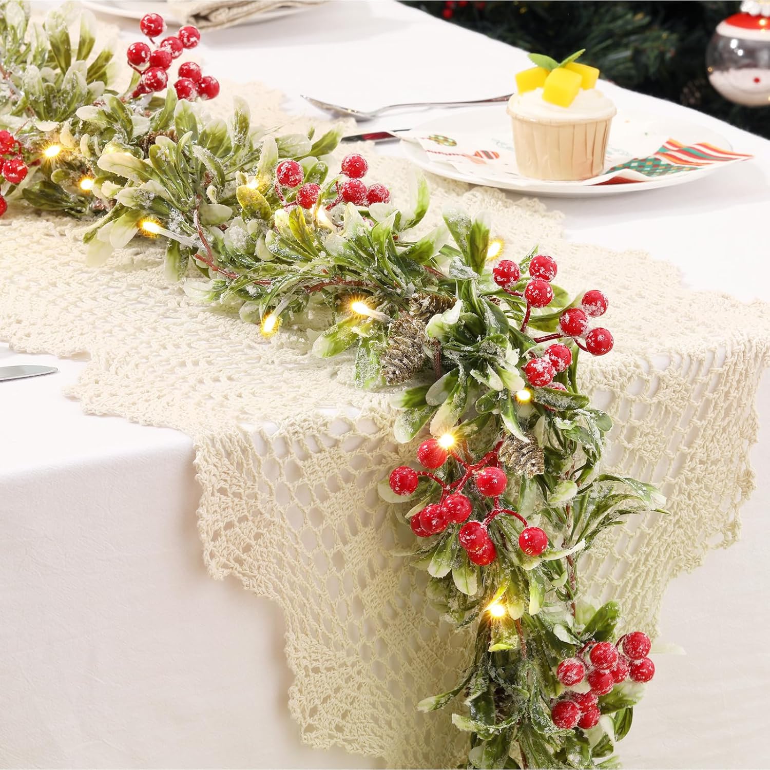 Lewondr Christmas Garland with Lights, 6FT 20 Warm LED Garland Lights Battery Operated with Timer, Christmas Decorations Indoor for Stairs Railing Fireplace Mantel, Olive Leaves & Red Berry Clusters