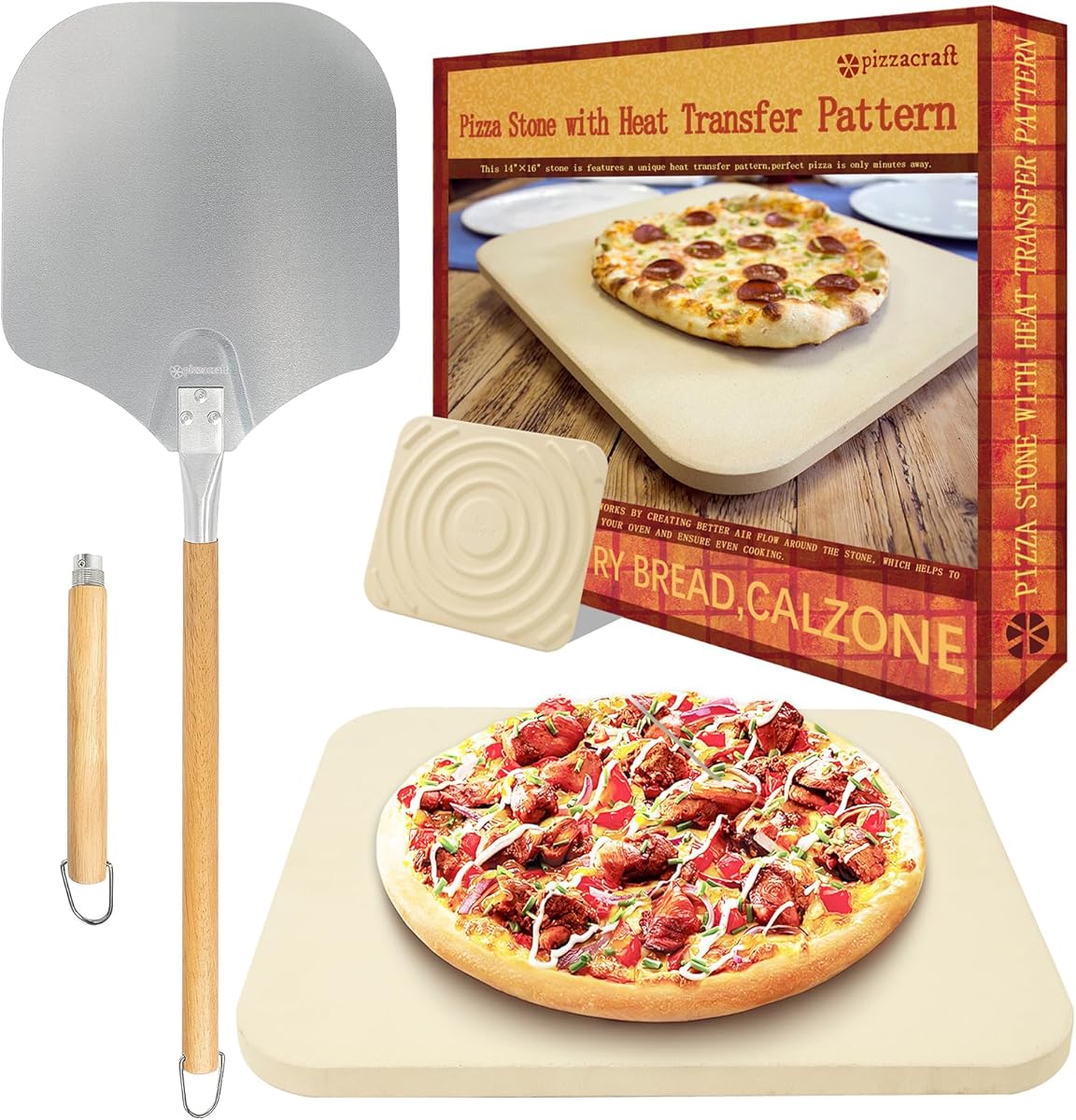 Pierre à pizza pour four - Avec pelle à pizza en bois - Pierre pizza en cordiérite - Pour une base croustillante et une juteuse (40 x 35 cm)
