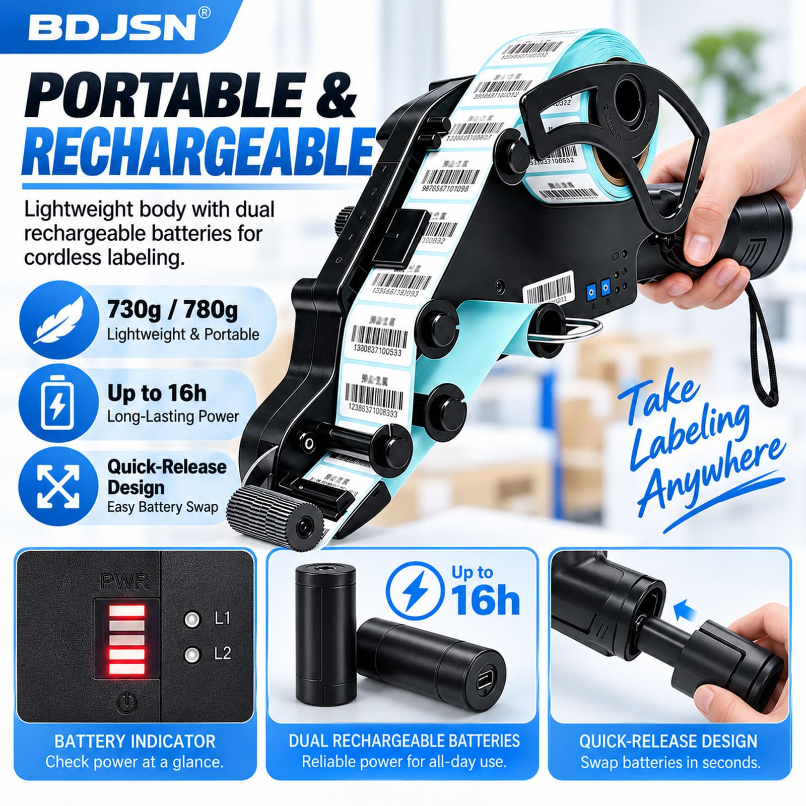 Étiqueteuse Semi-Automatique Portable, Distributeur D'étiquettes Rechargeable avec Capteur Et Calibrage 1 Touche, pour étiquettes Code-Barres, Fruits Et Thermiques, 15–40 Mm 80mm