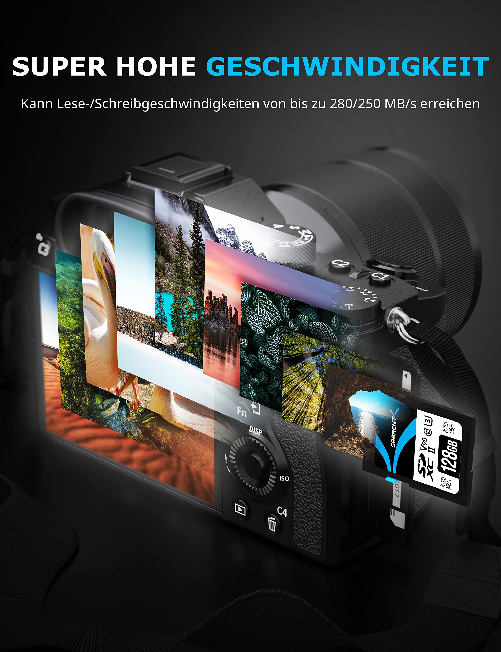 SABRENT SD Karte 128GB V90 UHS-II U3 SDXC Card Class 10, 280MB/s Lesen, 250MB/s Schreiben – Professionelle Speicherkarte für 4K 8K Video, DSLR, Drohne, Kamera (SD-TL90-128GB)