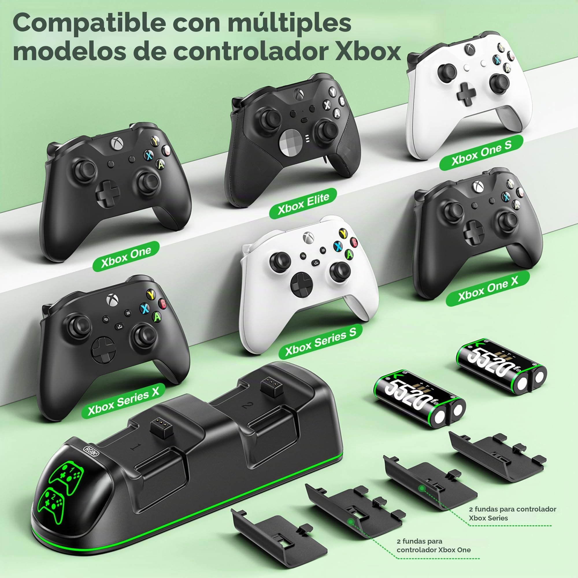 OIVO Cargador para Xbox con 2x5520mWh Baterías para Xbox Series/One X/S/Elite Mando, Base de Carga Mando X-Box con 2 Baterías Recargables y 4 Tapas de Batería para X-Box Series/One