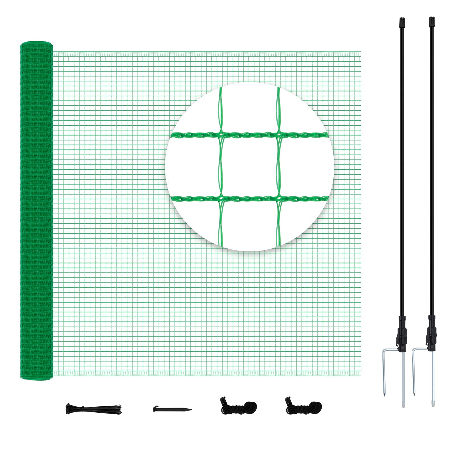 WOLTU Rete per pollame,Rete Verde per Recinzione con Pali 25x1,2 m, Recinzione da Giardino a Maglia con Picchetti, Funi e Fascette, per Frutteti, Fattorie, Animali, Orti, in PE 53g/m²,Verde