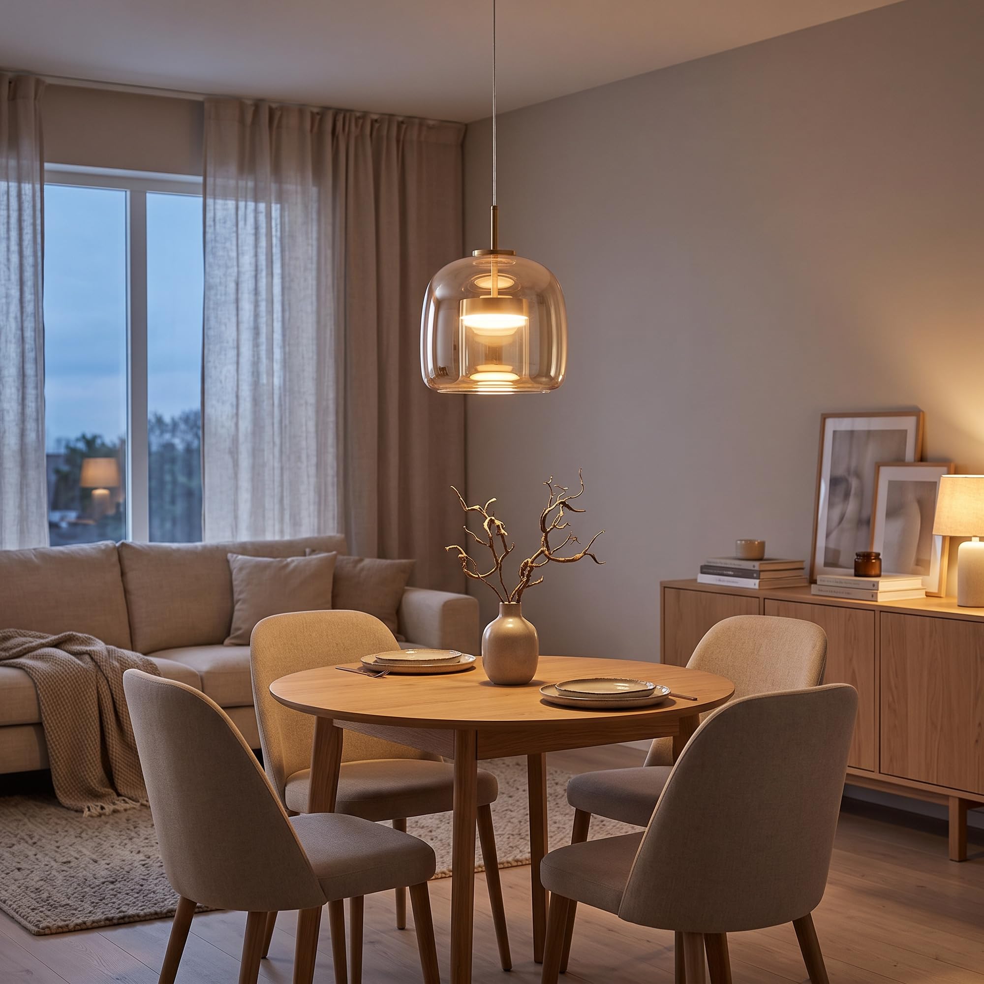 Générique Suspension Verre Fumé LED Intégrée Ø26 cm Dorée, Lampe Suspendue Verre Ambré Double Paroi, Blanc Chaud, LED de Rechange Incluse, Câble Réglable 230 cm, Salon Cuisine Salle à Manger
