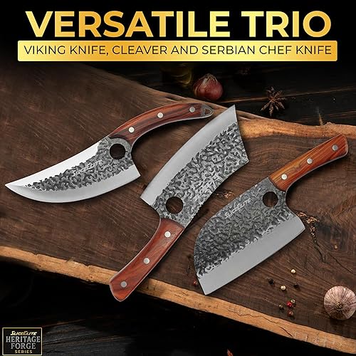 Miniatura 6 de SliceElite Heritage Forge 3 Piece Butcher Knife Set Serbian Chef Meat Cleaver Viking Knife High Carbon Stainless Steel Full Tang Sandalwood Handle