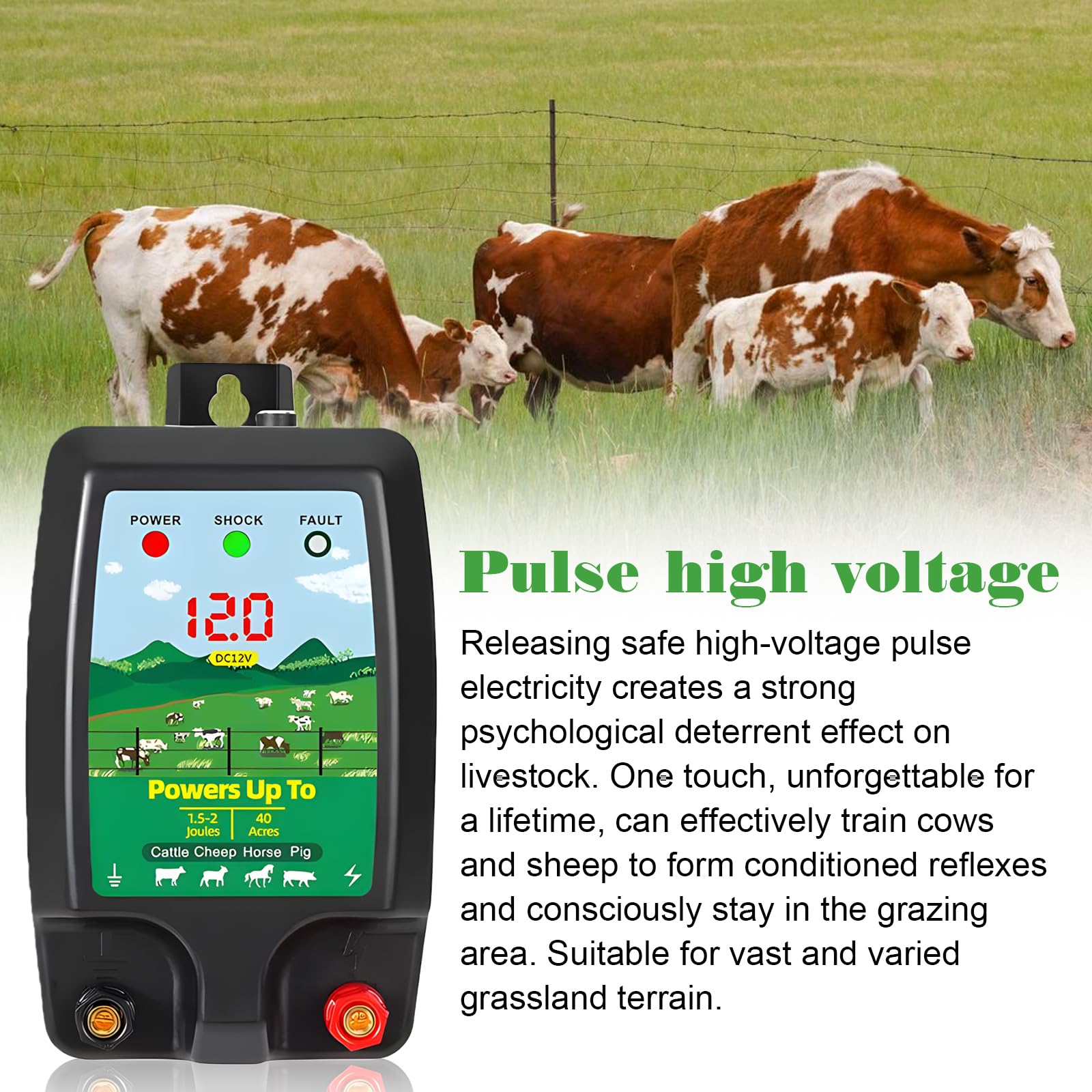 Recinzione elettrica da 12 V con display a LED: recinzione elettrica impermeabile, portata 10 km, portata 1,5 – 2 Joule, impermeabile per la protezione di animali da fattoria, pascoli, animali