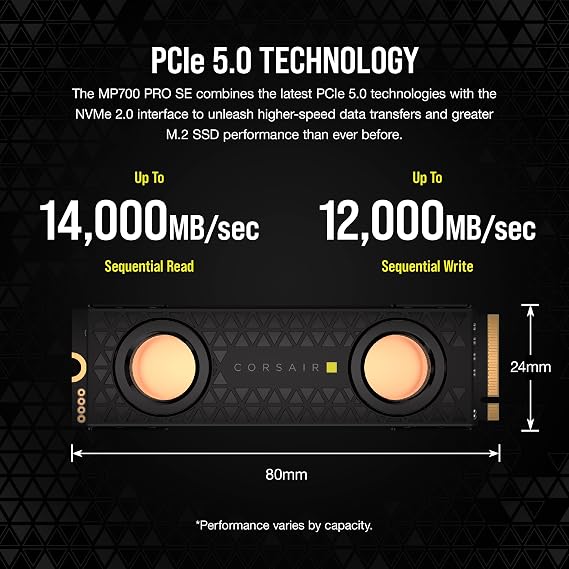 Corsair MP700 PRO SE Hydro X Series 4TB M.2 PCIe Gen5 x4 NVMe 2.0 SSD – M.2 2280 – Up to 14,000MB/sec Sequential Read – High-Density TLC NAND – Pre-Installed Water Block – Black
