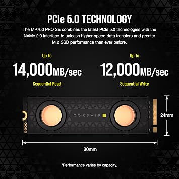 Corsair MP700 PRO SE Hydro X Series 4TB M.2 PCIe Gen5 x4 NVMe 2.0 SSD – M.2 2280 – Up to 14,000MB/sec Sequential Read – High-Density TLC NAND – Pre-Installed Water Block – Black