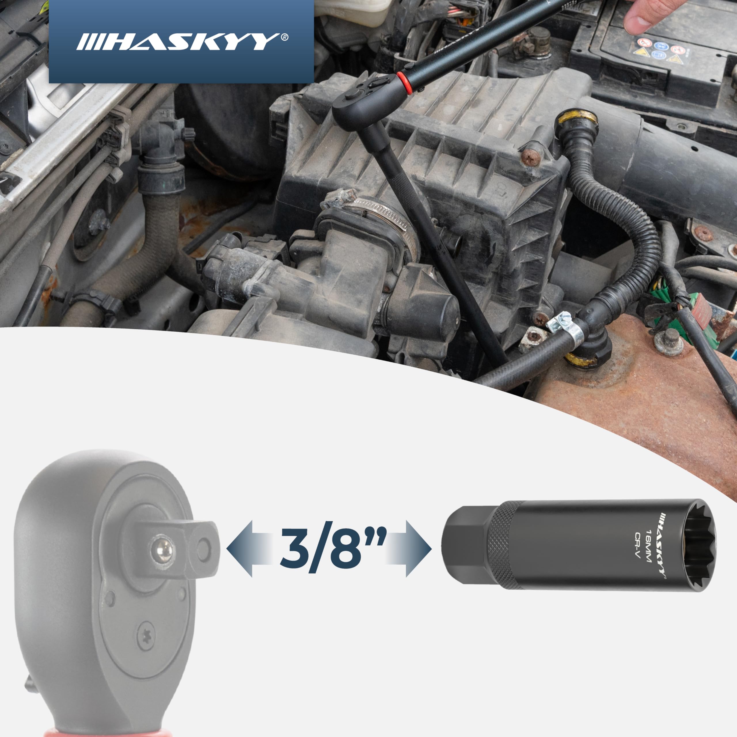 HASKYY Set Chiavi per Candele Magnetiche 14-16-18mm - Bussole Dodecagonali con Attacco 3/8 Pollici - Kit 3 Pezzi per Candele d'Accensione e Preriscaldamento - Utensile Universale Auto e Moto