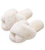 Women's Fuzzy Slippers Cross Band Memory Foam House Slippers Open Toe