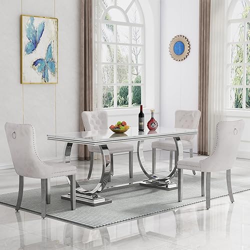 Miniatura 21 de Juego de mesa de comedor moderno de 7 piezas para 6, mesa de comedor de mármol blanco de 68 pulgadas para 6 personas con sillas de terciopelo gris