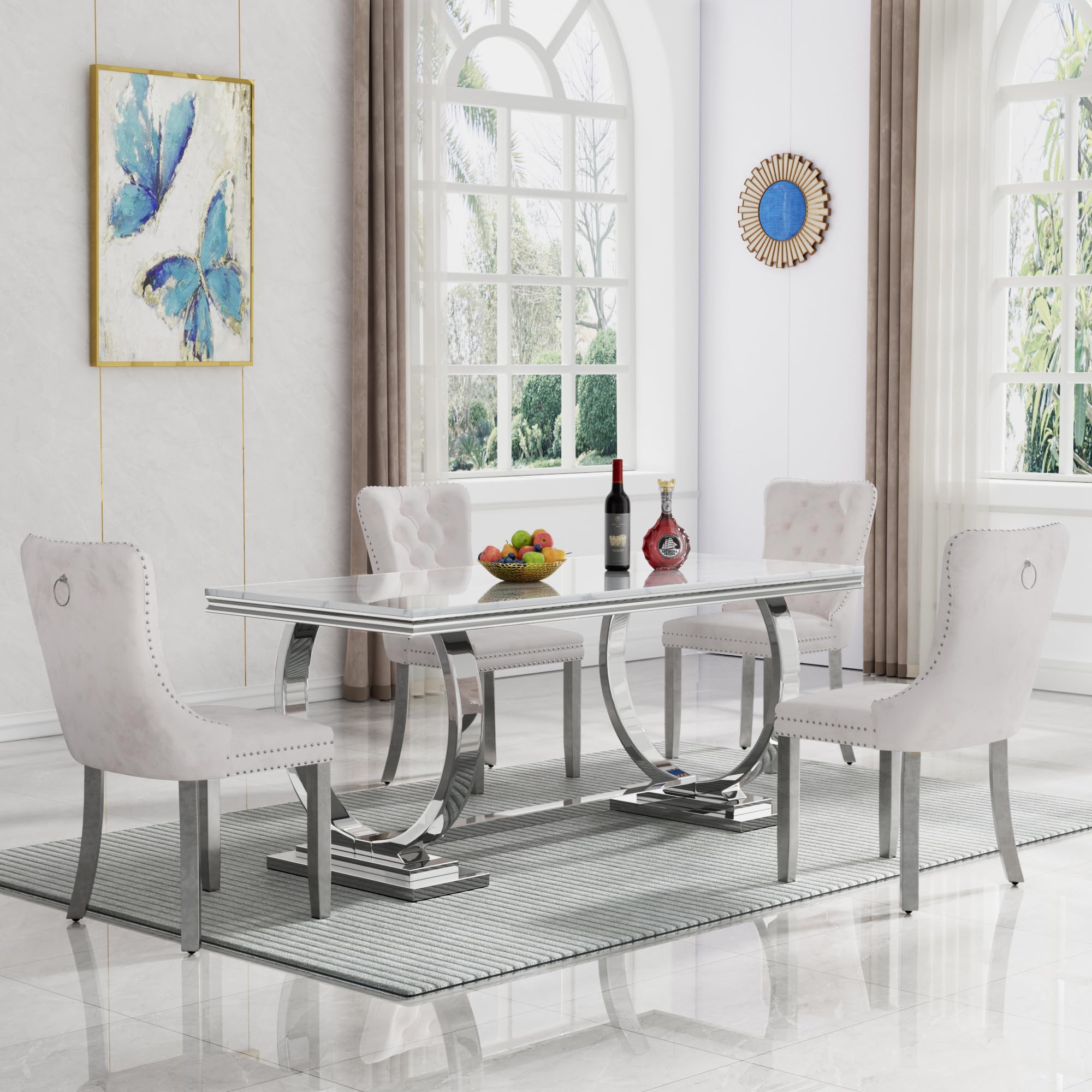 5 Piece Marble Dining Table Set for 4, Luxury 68" White Marble Silver Kitchen Table with 4 Beige Velvet Upholstered Chairs, Modern 4 Person Dining Room Table Set for Kicken Dining Office Room