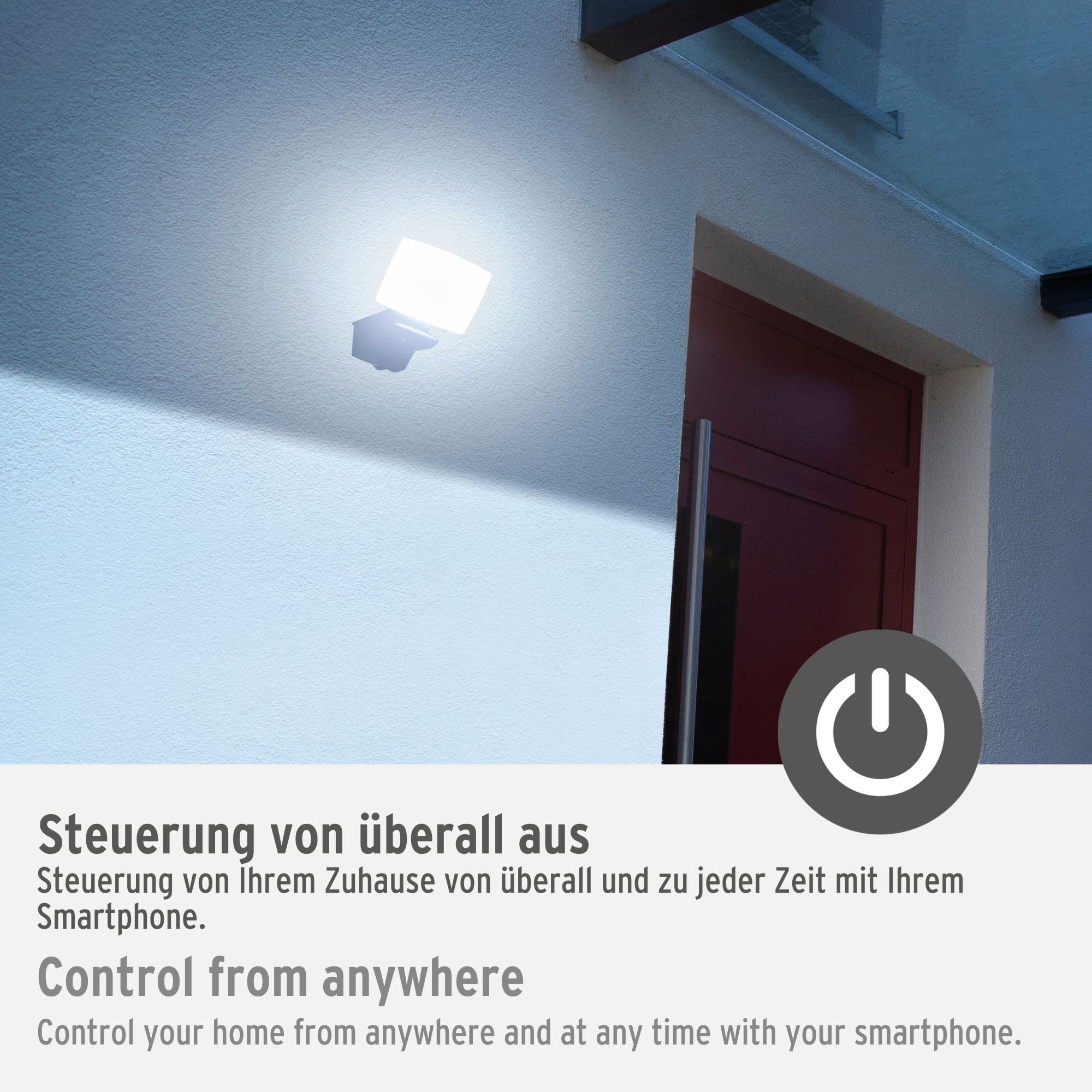 Brennenstuhl Connect WiFi LED Strahler WF 2050 (20W, 2400lm, IP54, diverse Lichtfunktionen über App einstellbar, Außenstrahler zur Wandmontage)