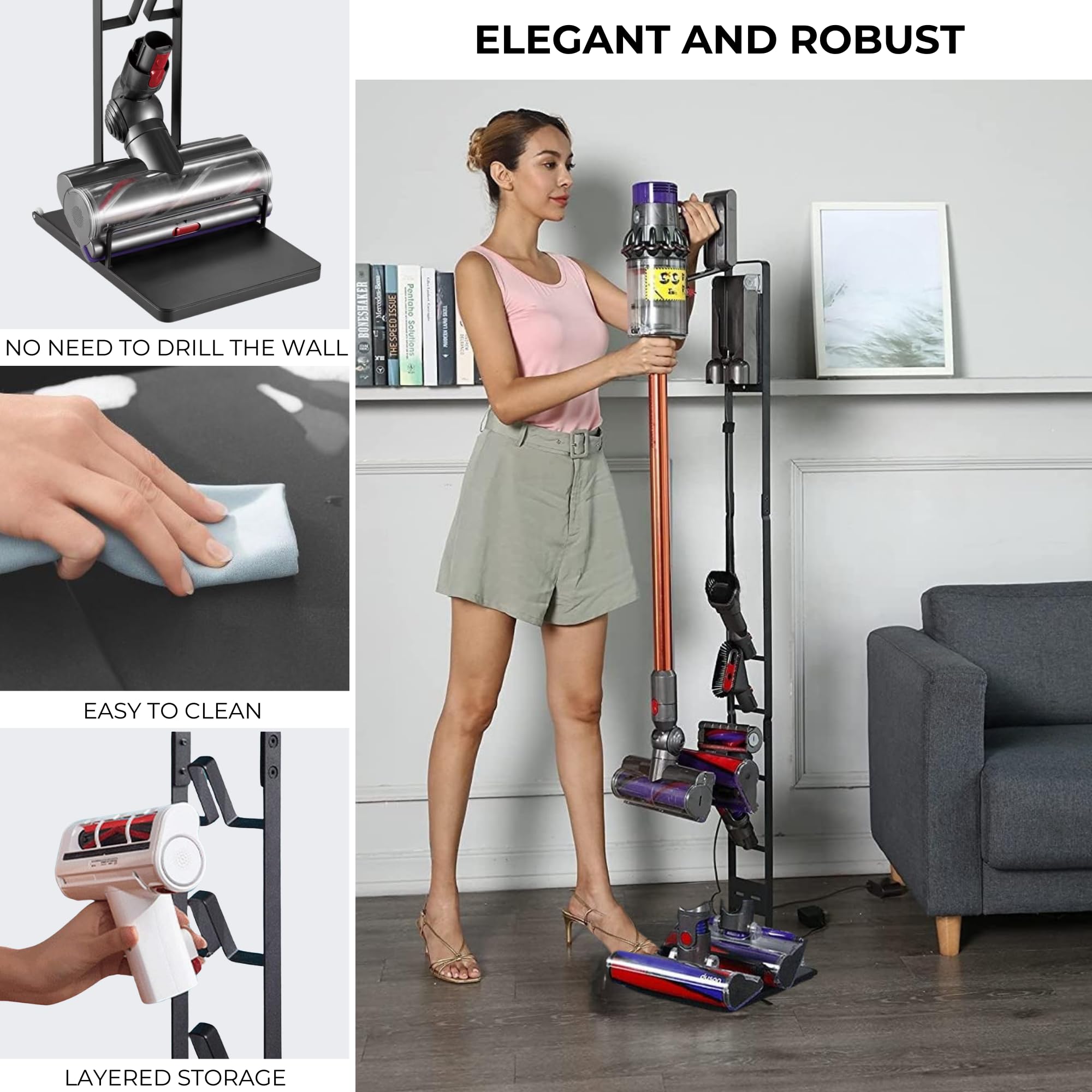 Supporto per Aspirapolvere Compatibile con Dyson V15 V12 V11 V10 V8 V7 V6 - DC45/ DC35/ DC58/ DC59/ DC62/ DC74- Organizzatore da Pavimento con Ruote Senza Forare Il Muro.