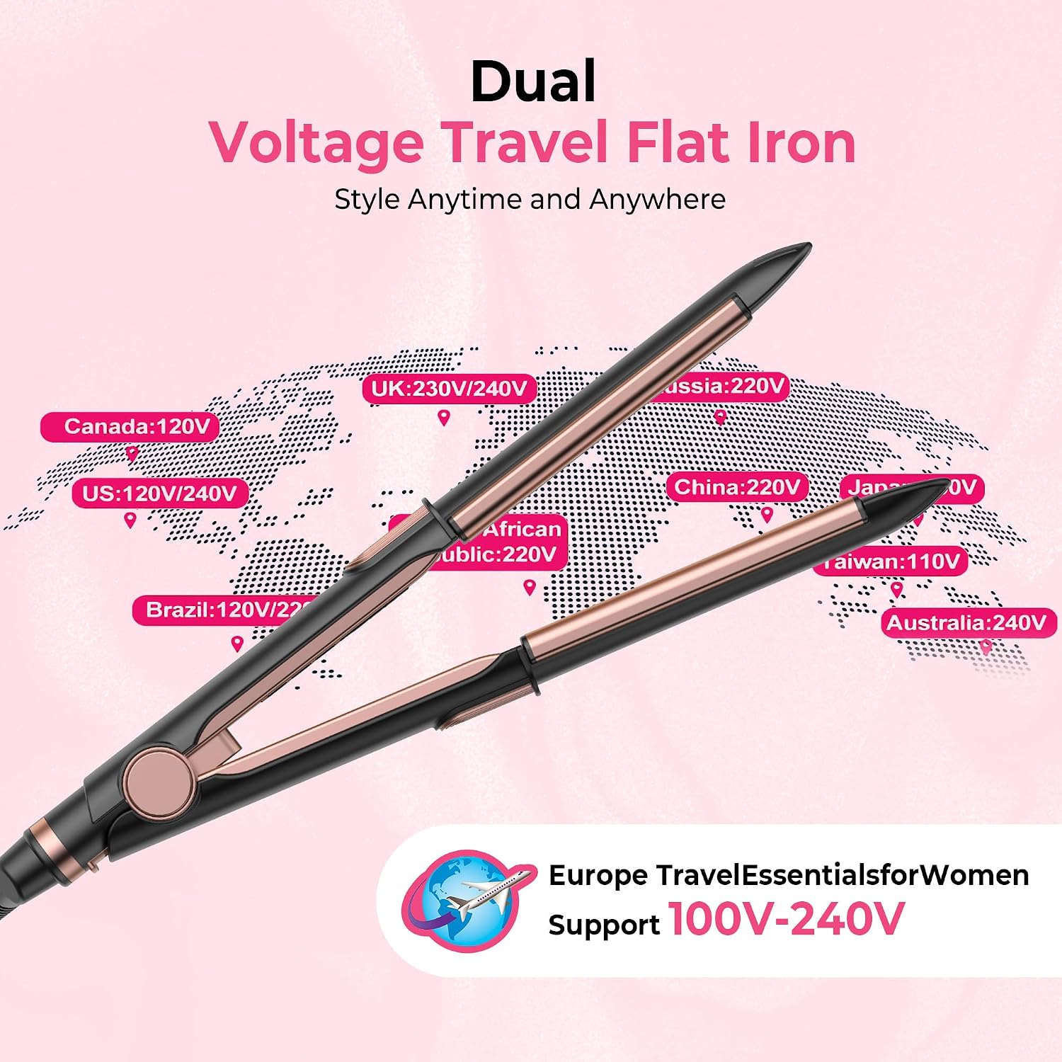 Ceramic Flat Iron, Hair Straightener & Curler, 12 Adjustable Temp & Dual Voltage Hair Straightener for Women for Smooth, Frizz-Free Styling, for All Hair Types (Black)