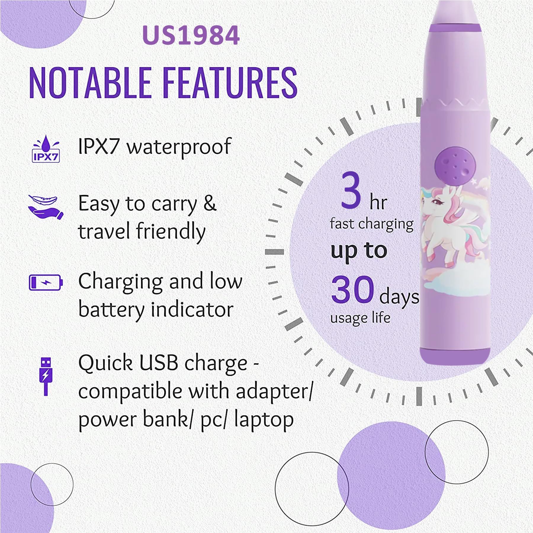 US1984 Sonic Electric Toothbrush for Kids with 4 Modes, 3 Brush Heads & Rechargeable Battery, Ultra Soft Nylon Bristles, IPX7 Waterproof, Electric Power Tooth brush (Purple) 2