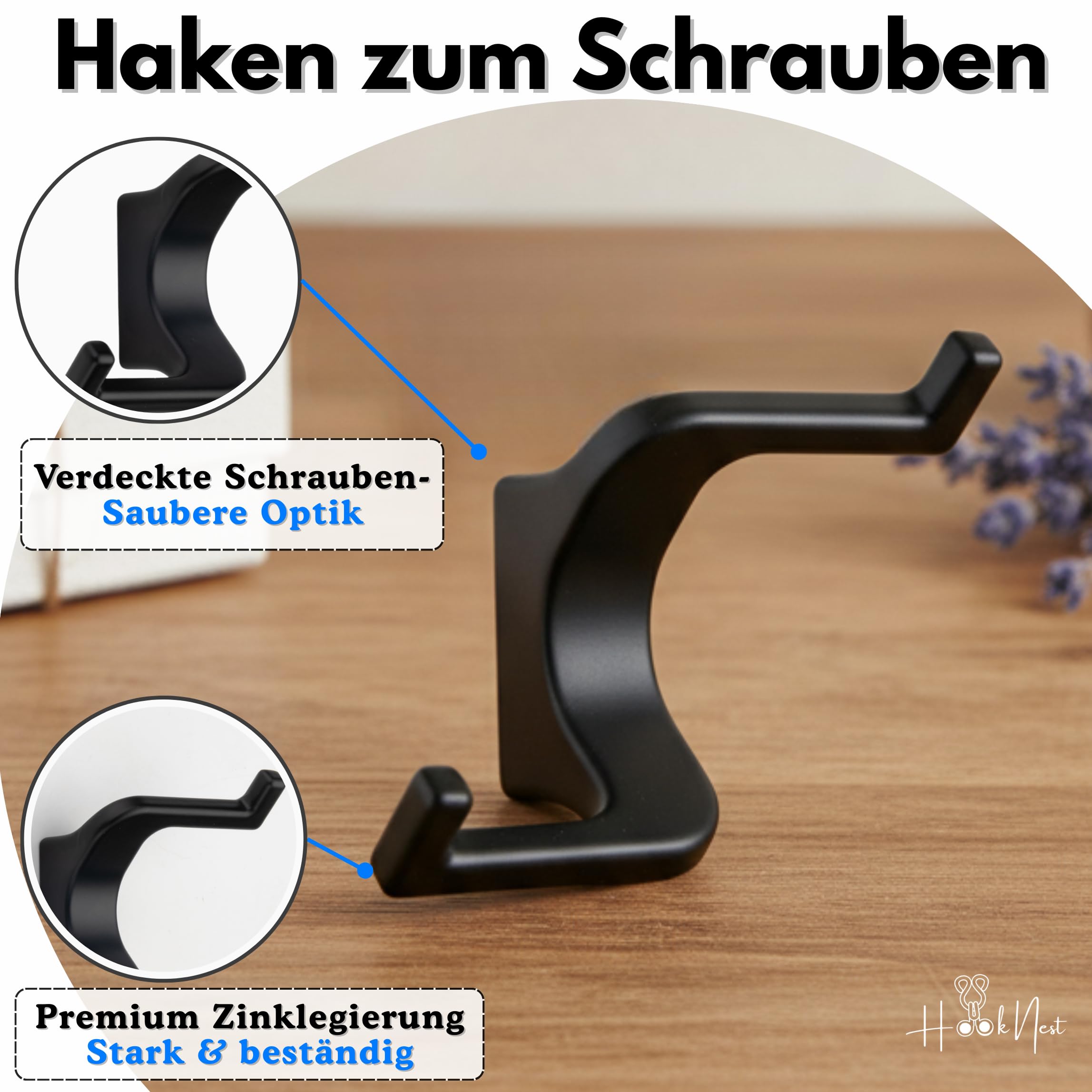 Wandhaken Schwarz Matt 4er Set – Doppelhaken aus Zinklegierung | Verdeckte Schrauben | Bis 5 kg | Garderobenhaken für Flur, Bad, Küche & Schlafzimmer