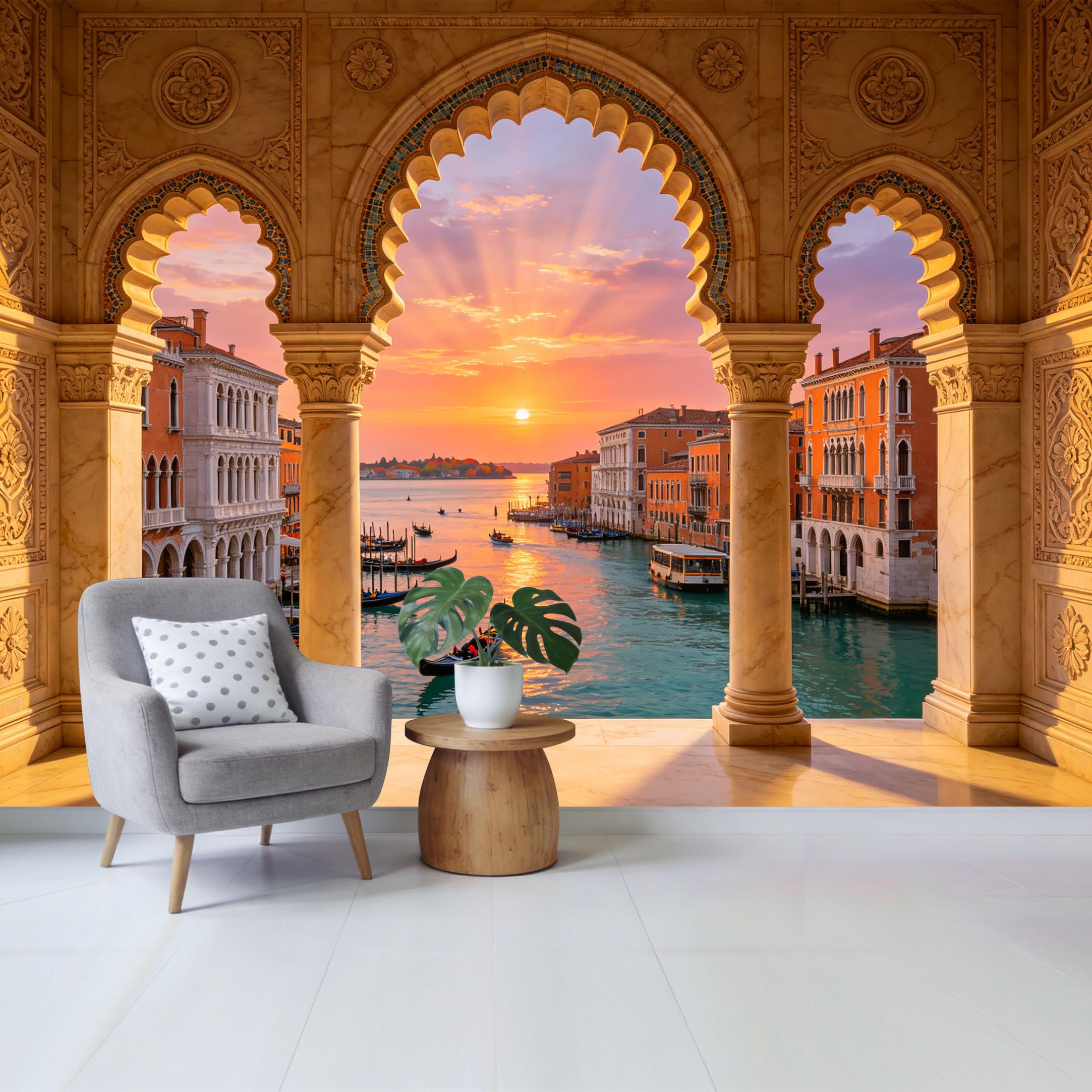 Custom Size Wall Mural Venetian Canal Sunset View Through Ornate Archway Landscape Removable Self Adhesive Fabric Home Wall Decor for Living Room Bedroom Bathroom