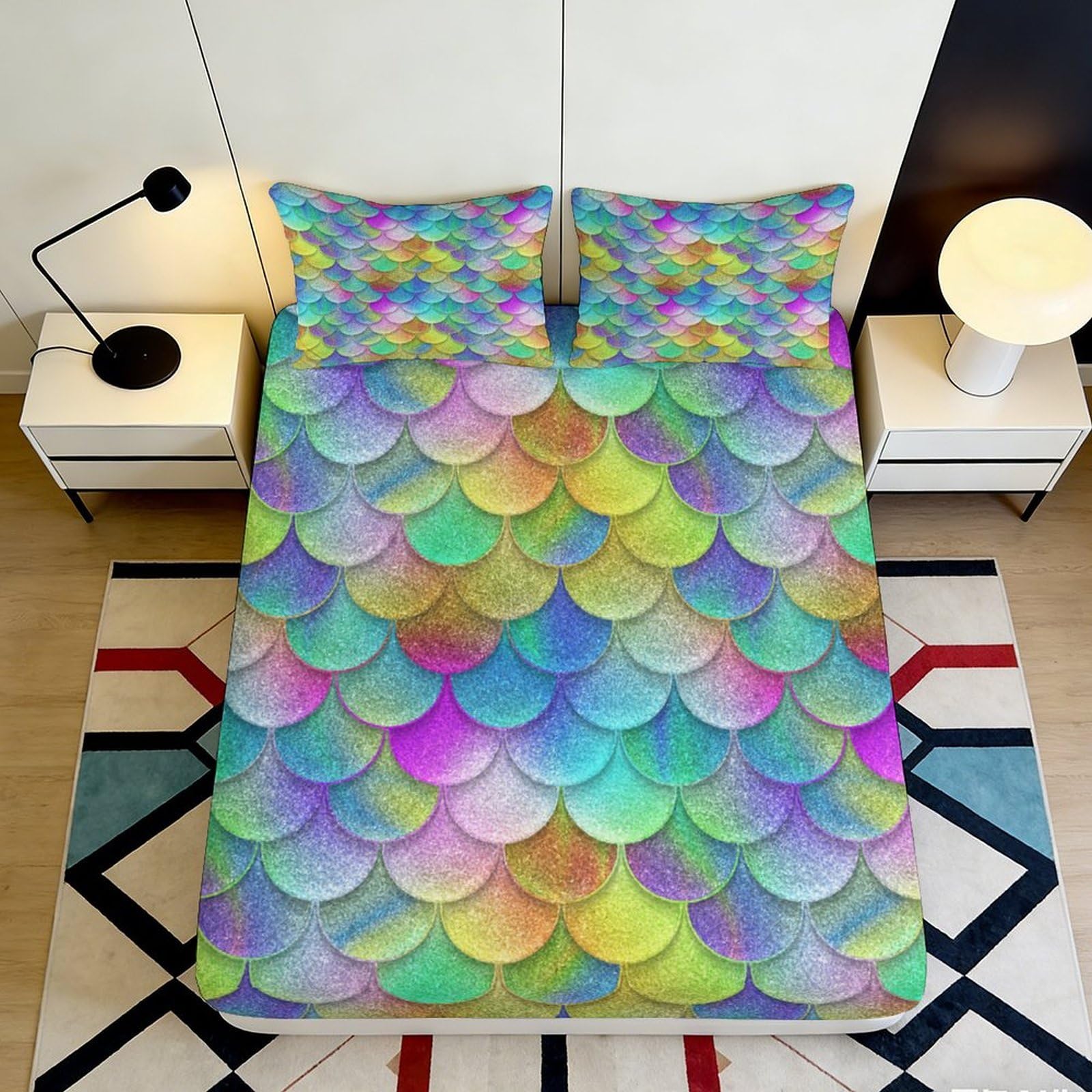 3D Printed Colorful Mermaid Scales Fitted Sheet Microfiber Soft Breathable Gradient Bed Cover for Bedroom Dormitory Guest Room Mattress Protection 140x200x25cm