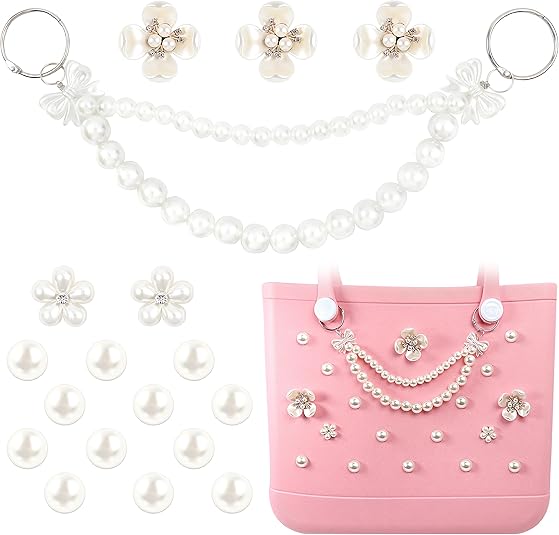 Charms for Bogg Bag, Pearls Flowers &amp; Pearls Bow Chain for Bogg Bag, Compatible with Simply Southern Beach Bag Totes Accessories Charms , Pearl Bag Insert for Beach Tote Bag Birthday Favors (18 Pcs)