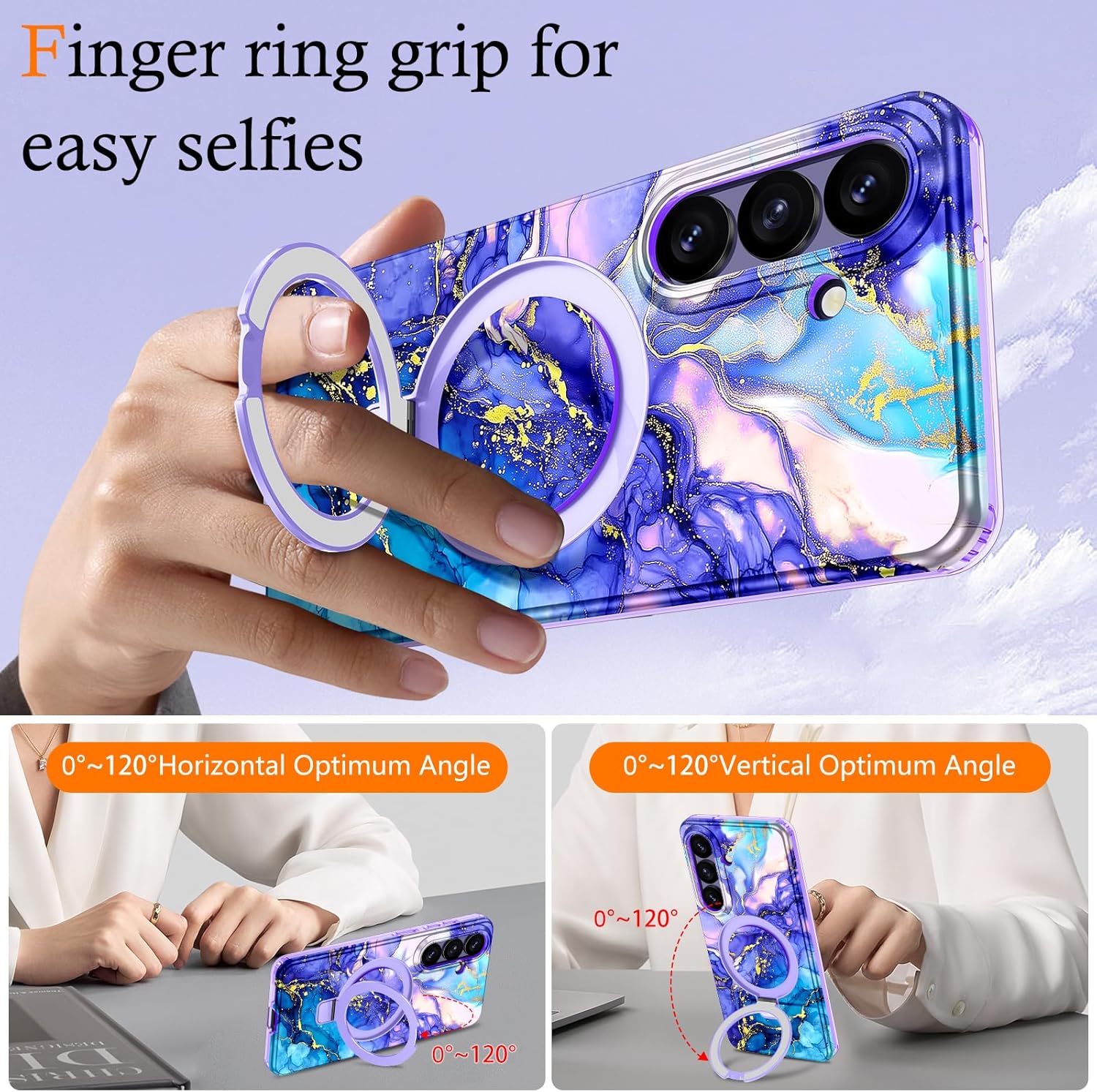 for Samsung Galaxy S26 Case, [Magnetic Invisible Stand] [Compatible with MagSafe] [Military Grade Drop Protection] Slim Glossy Marble Pattern Back Shockproof Protective Cover, Purple
