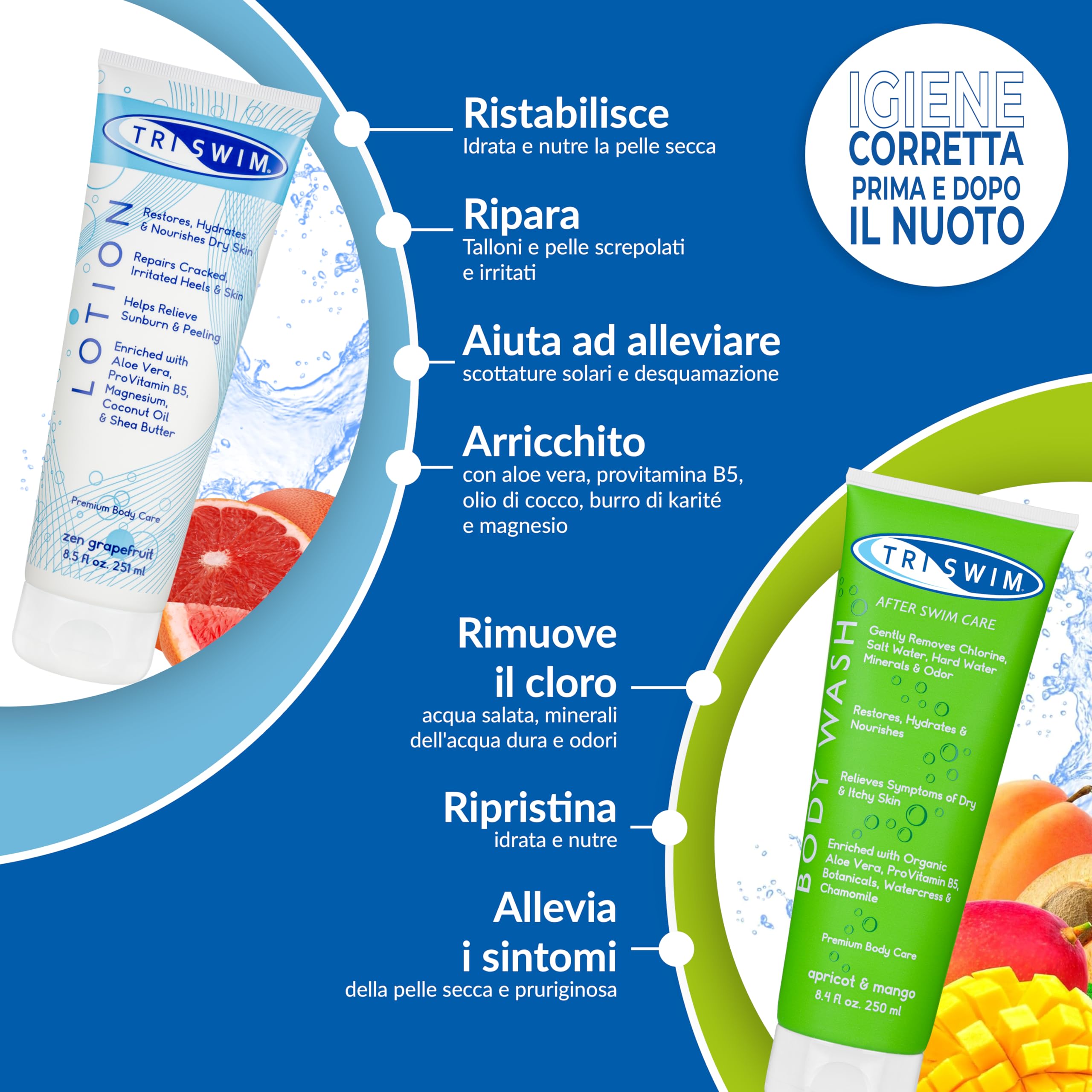 TRISWIM - Pacchetto di Cura del Corpo per la rimozione del Cloro per nuotatori, Lozione Corpo Anti Cloro, Bagnoschiuma per la Rimozione del Cloro, Docciaschiuma After Swim Care (250+251 ml)