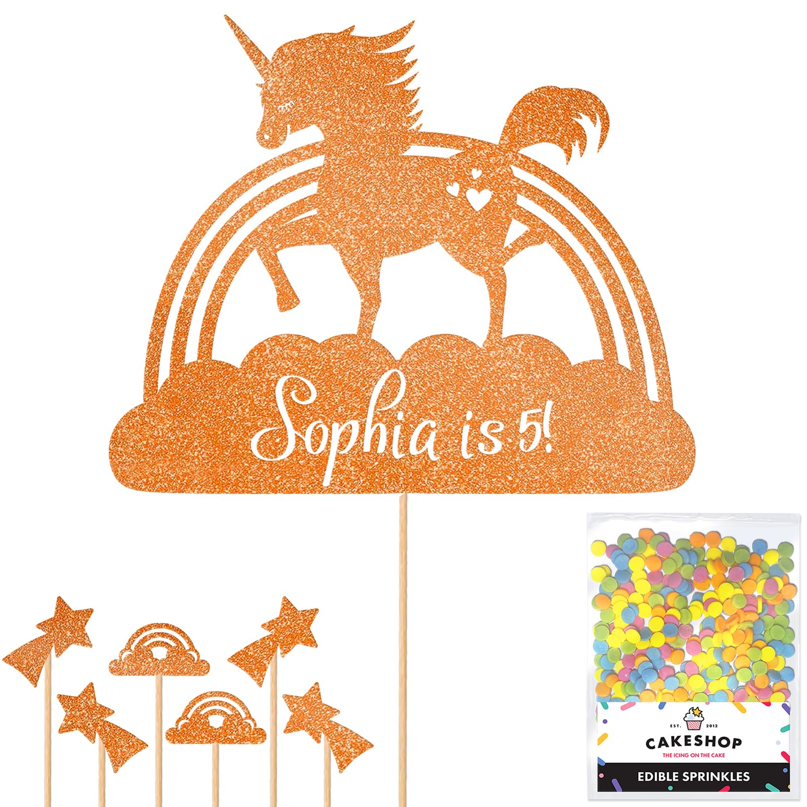 Personalised Unicorn Rainbow Glitter Cake Topper- Copper Orange Any Custom Age & Name Glitter Cake Decoration and Sprinkles - Happy Birthday Decorations - Personalised Toppers for Cakes by Cakeshop — image 1