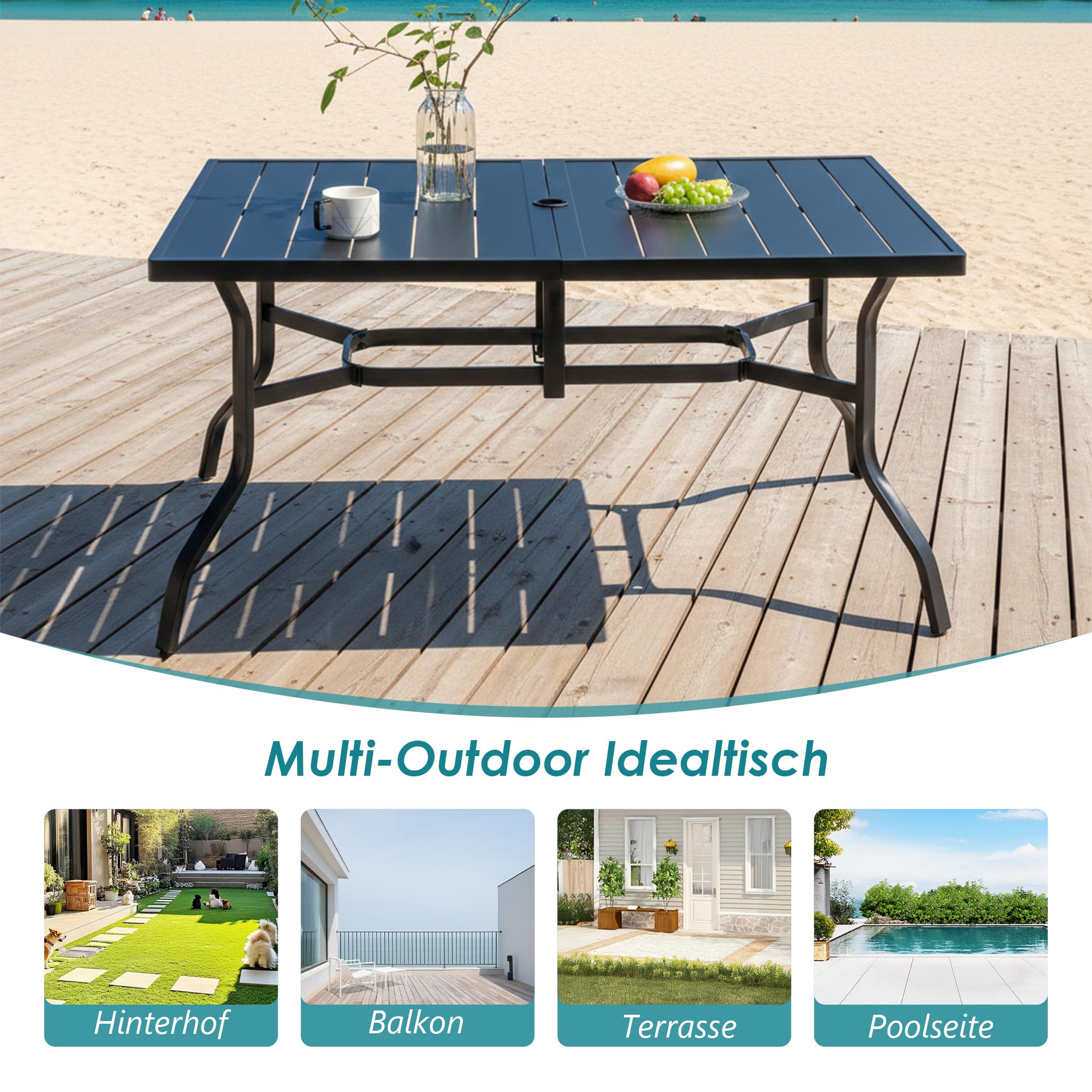 Thanaddo Gartentisch mit Schirmloch für 6 Personen, Wetterfest Terrassentisch aus Stahl, Draussen Metall Tisch Gartenmöbel 150x94 cm Gartentische Campingtisch für Garten Balkon Outdoor, Schwarz