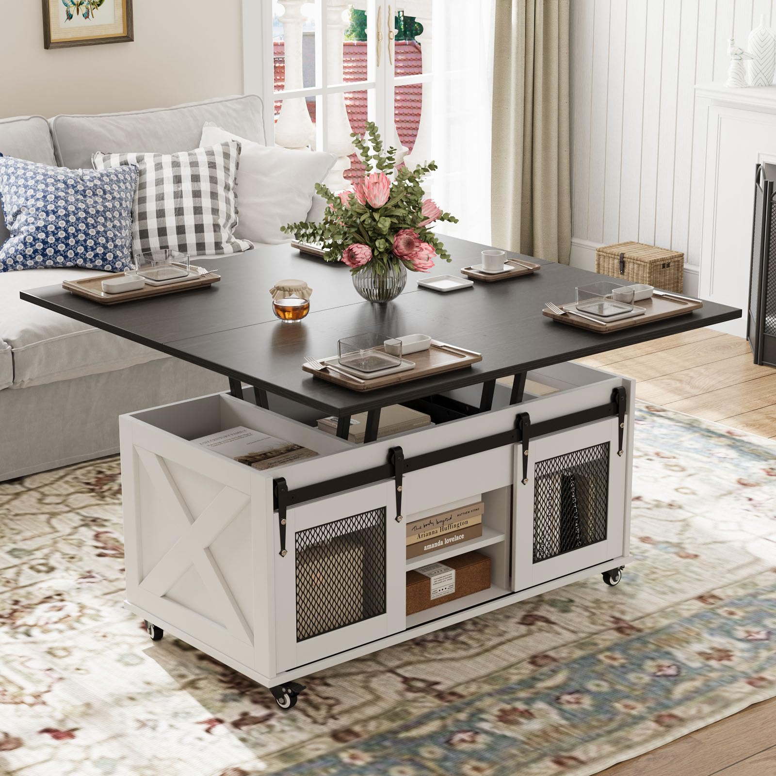 VOWNER Mesa de Centro Elevable, Mesa Extensible, Multifuncional 4 en 1 con Ruedas & Almacenamiento Oculto - Comedor, Convertible, Estilo Granja, Nogal (Negro)