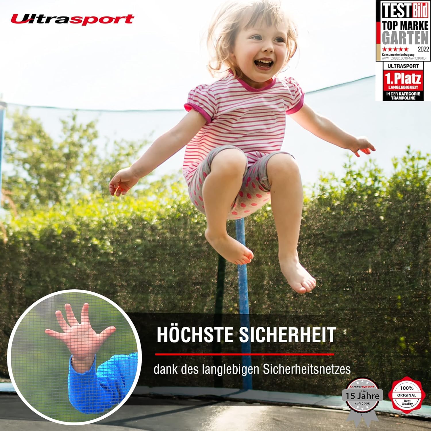 Ultrasport Uni-Jump Trampolin Outdoor Kinder Belastbar bis 150 KG I Komplettset mit Sicherheitsnetz, Randabdeckung & Motagesatz I Bodentrampolin Gartentrampolin, Trampolin 460 cm