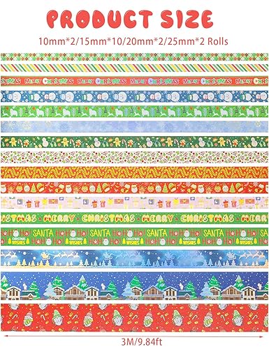 Miniatura 2 de AEBORN Juego de cinta washi de Navidad, 16 rollos de cinta Washi de papel de aluminio dorado con árbol de Navidad, ciervo, rayas y patrón de gnomo,