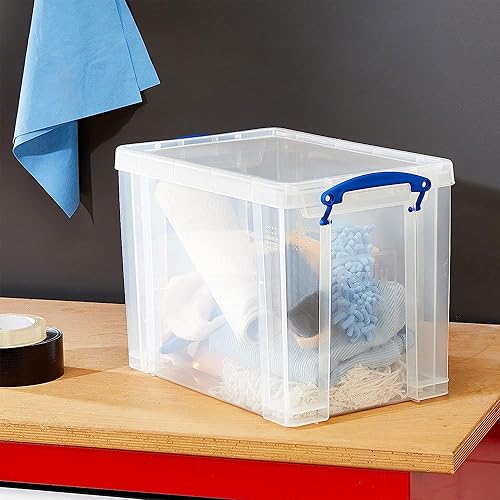 Miniatura 9 de Really Useful Box Contenedor de almacenamiento apilable de plástico de 19 litros con tapa a presión y asas de bloqueo de clip integradas para
