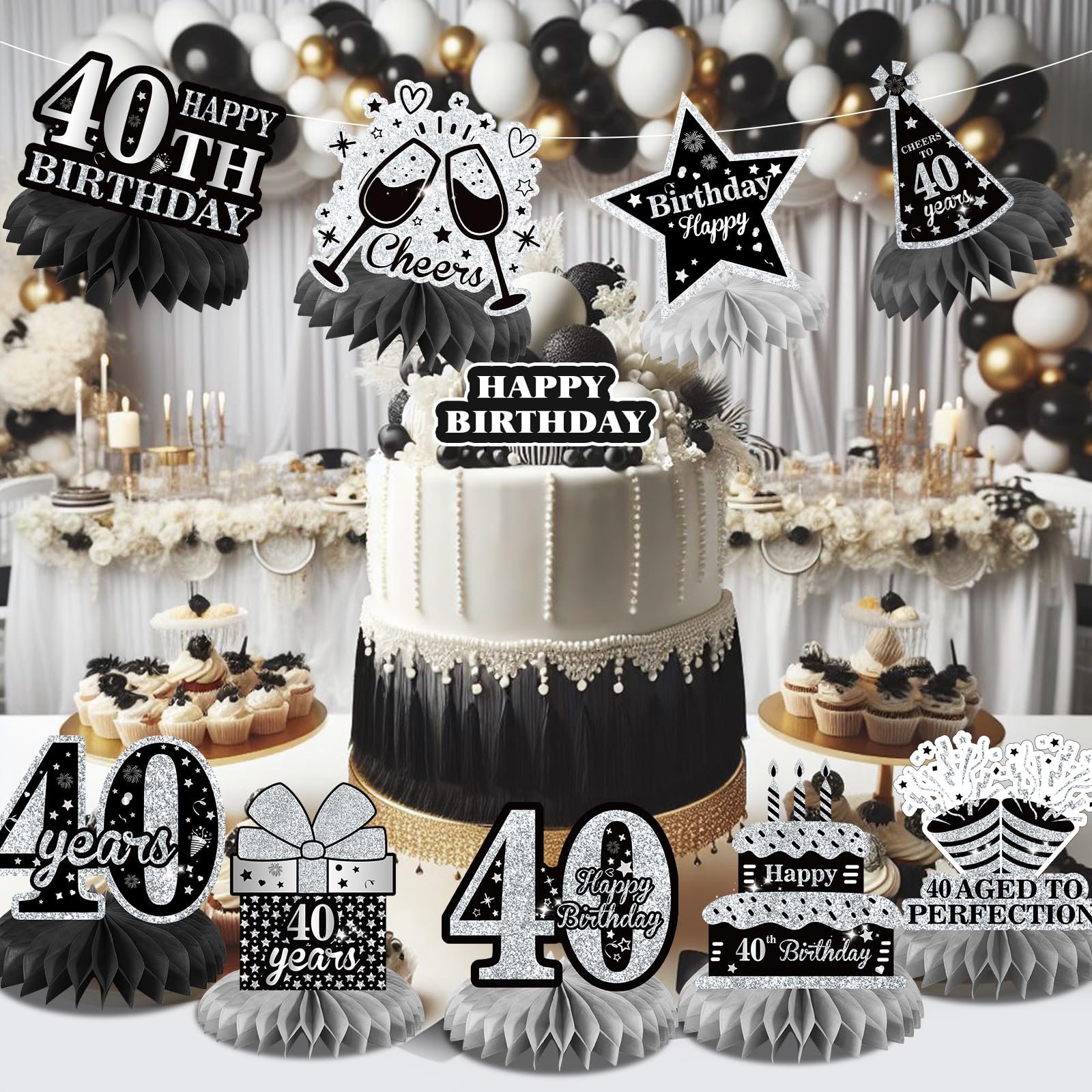 9Pcs Black Silver 40th Birthday Decorations Black Silver 40th Birthday Honeycomb Centerpieces for Tables Decor 40th Birthday Table Topper Cheers to 40 Years Sign for Men Women 40th Birthday Party