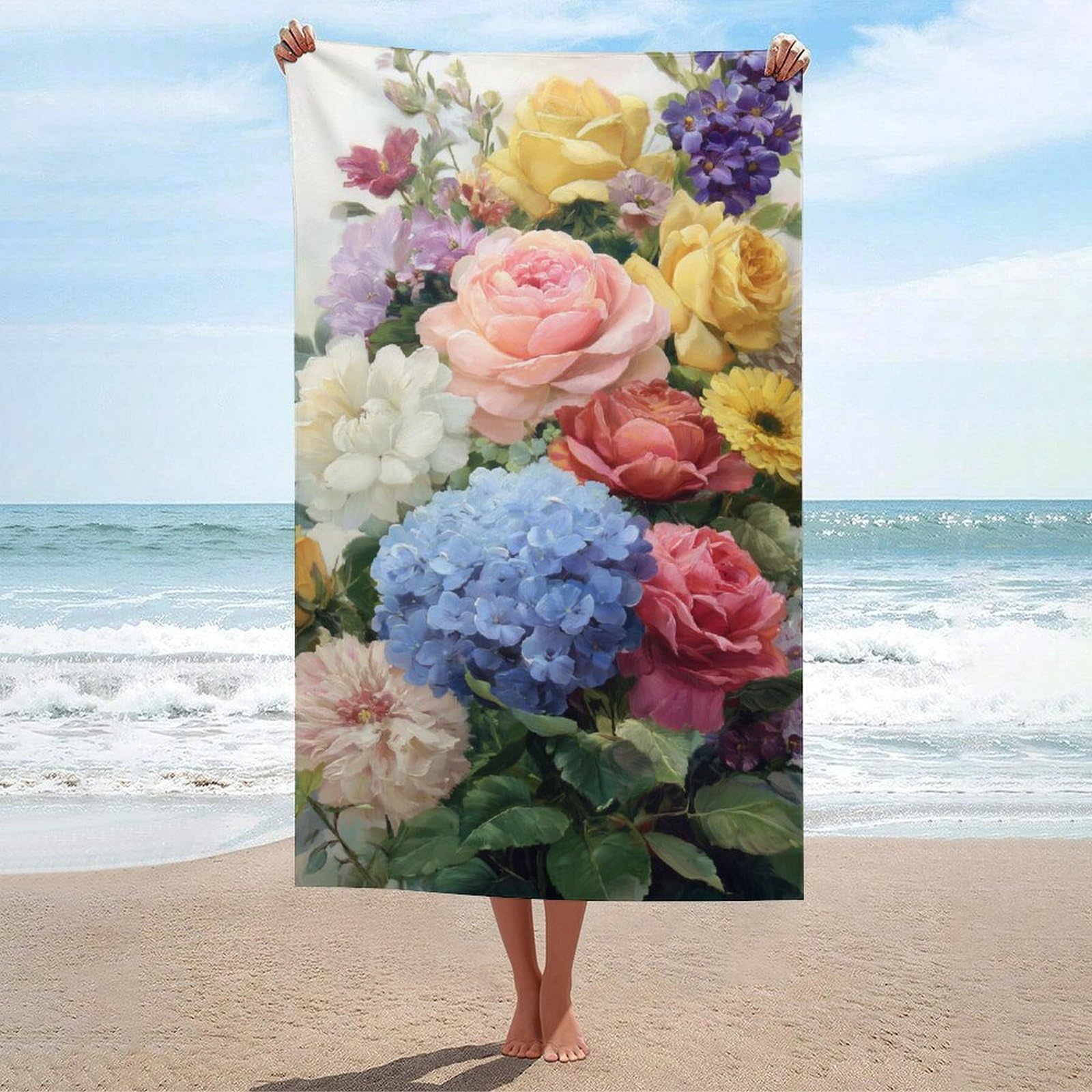 asbwuo Bouquet of Roses Hydrangeas Peonies Beach Towel